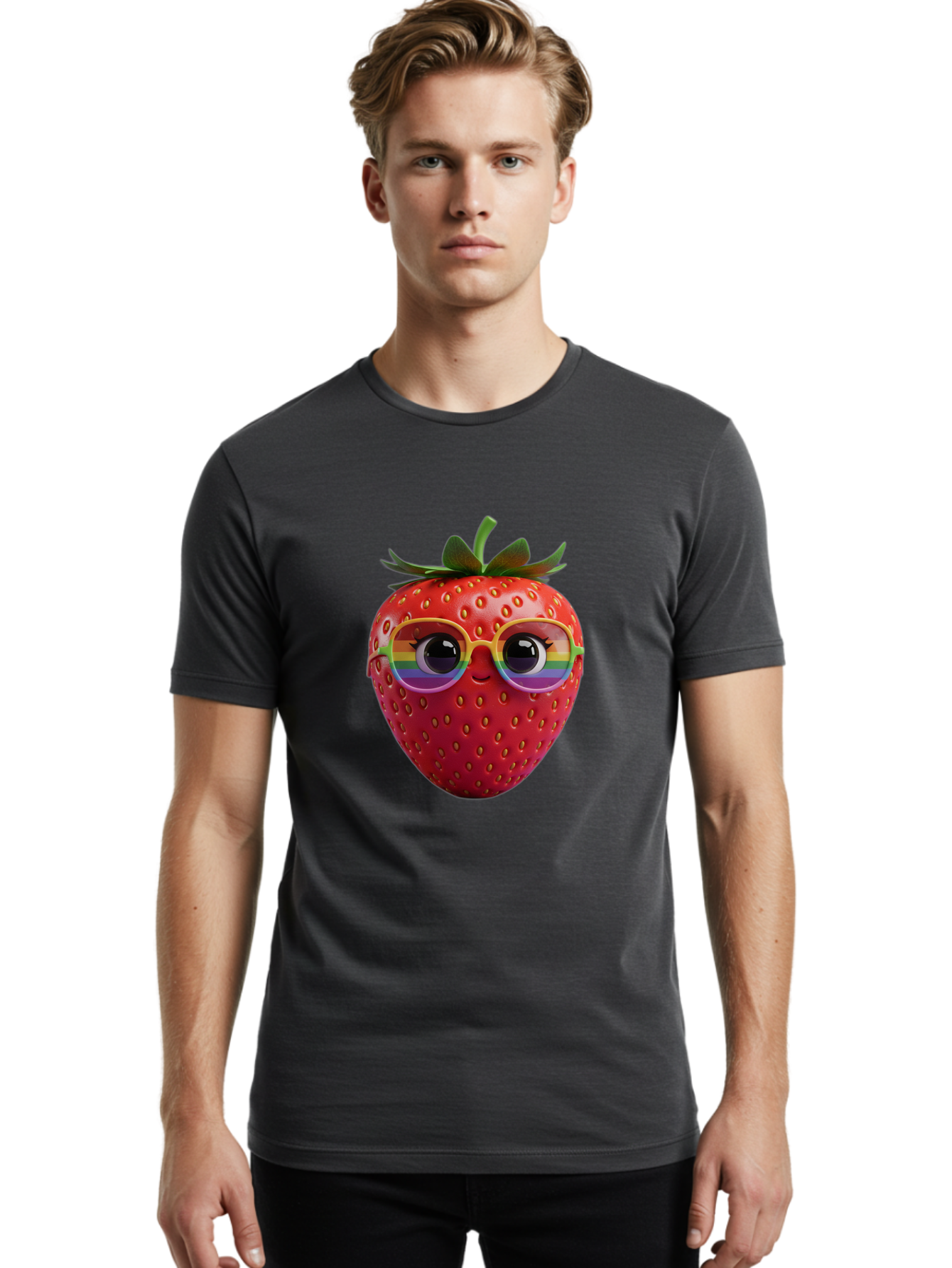 Rainbow-Strawberry Men'S Graphic Tee, 100% Cotton, Comfortable Casual Summer Wear, Machine Washable, Strawberry With Glasses, Rainbow Reflection, Cute Cartoon Character, Fun Fruit, Vibrant Colors, Playful Design, Summer Vibes, Sweet Treat, Bac360