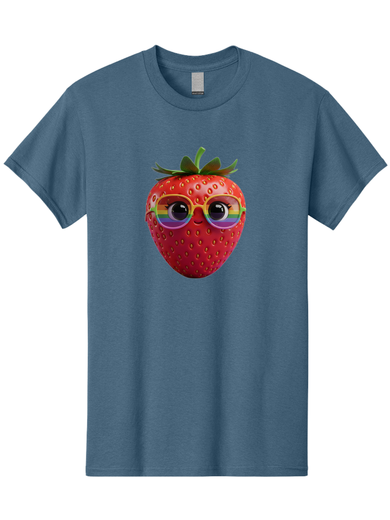 Rainbow-Strawberry Men'S Graphic Tee, 100% Cotton, Comfortable Casual Summer Wear, Machine Washable, Strawberry With Glasses, Rainbow Reflection, Cute Cartoon Character, Fun Fruit, Vibrant Colors, Playful Design, Summer Vibes, Sweet Treat, Bac360