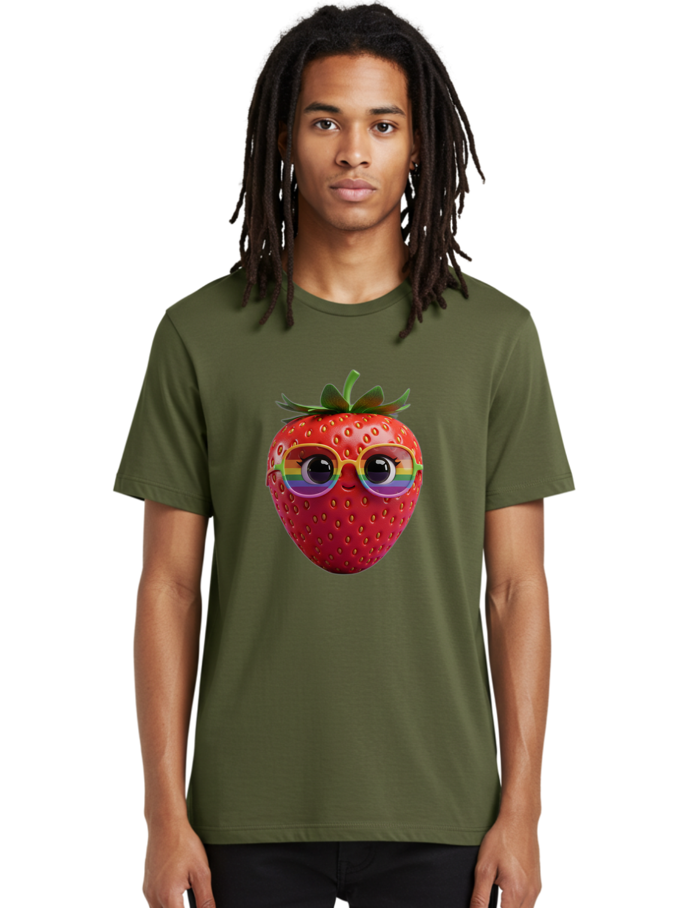 Rainbow-Strawberry Men'S Graphic Tee, 100% Cotton, Comfortable Casual Summer Wear, Machine Washable, Strawberry With Glasses, Rainbow Reflection, Cute Cartoon Character, Fun Fruit, Vibrant Colors, Playful Design, Summer Vibes, Sweet Treat, Bac360
