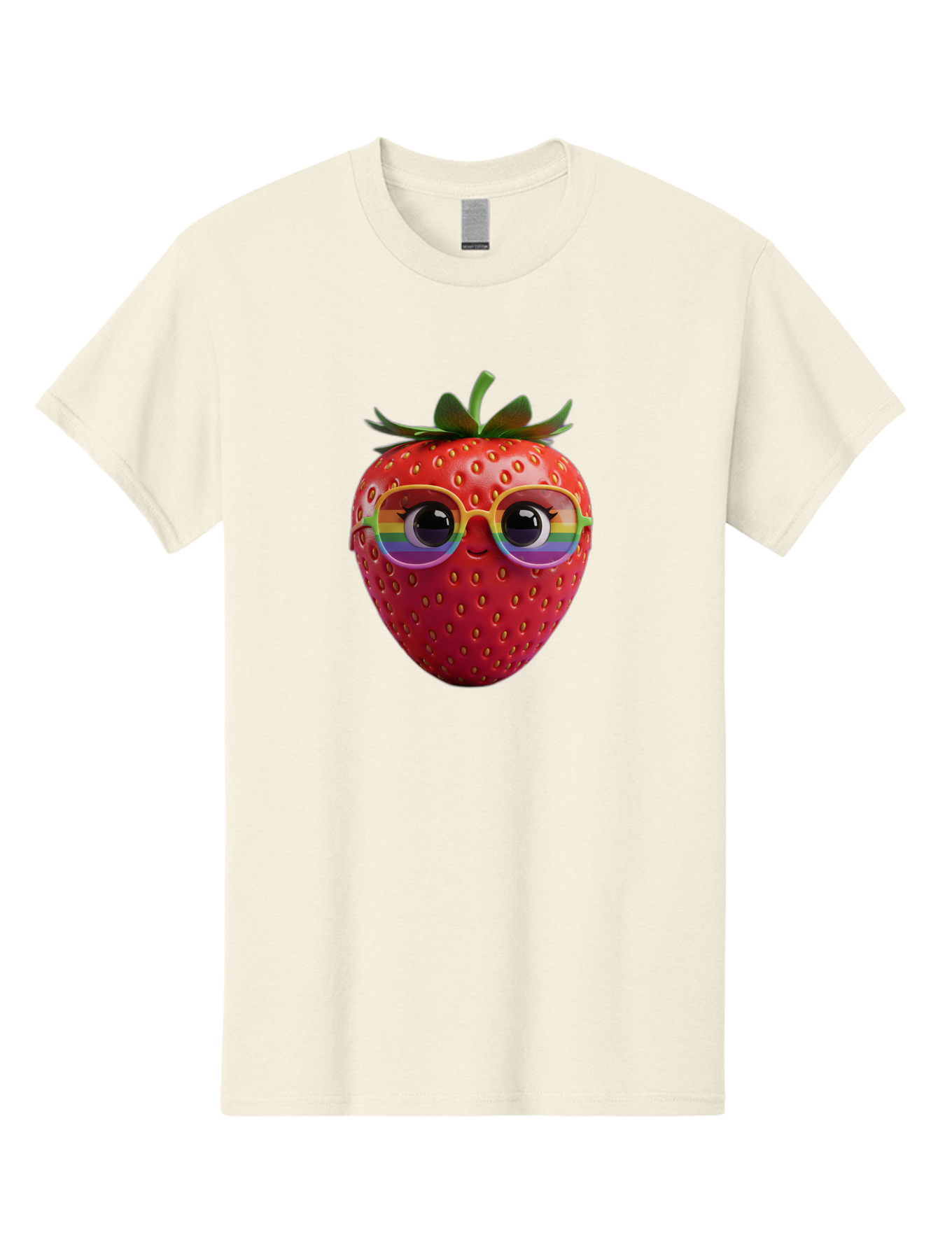 Rainbow-Strawberry Men'S Graphic Tee, 100% Cotton, Comfortable Casual Summer Wear, Machine Washable, Strawberry With Glasses, Rainbow Reflection, Cute Cartoon Character, Fun Fruit, Vibrant Colors, Playful Design, Summer Vibes, Sweet Treat, Bac360