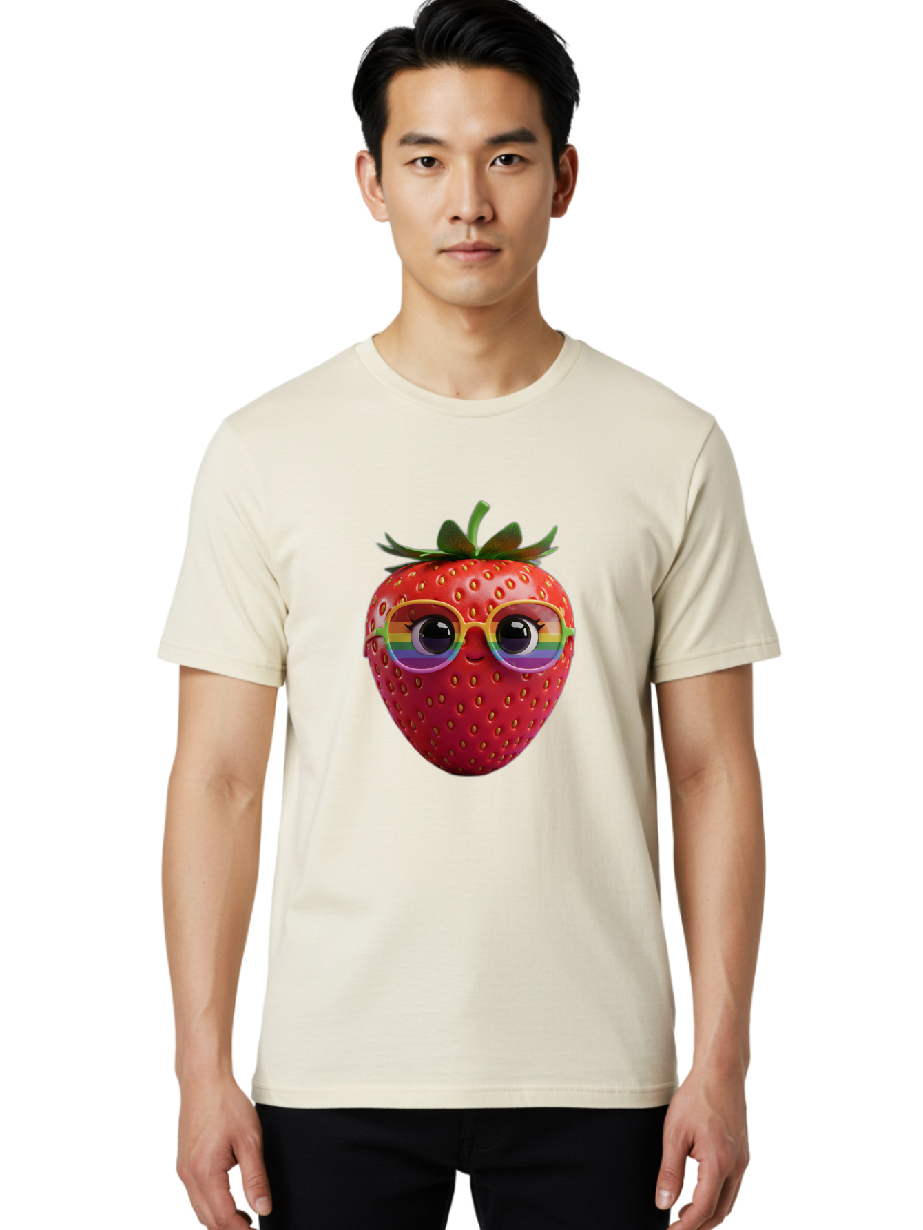 Rainbow-Strawberry Men'S Graphic Tee, 100% Cotton, Comfortable Casual Summer Wear, Machine Washable, Strawberry With Glasses, Rainbow Reflection, Cute Cartoon Character, Fun Fruit, Vibrant Colors, Playful Design, Summer Vibes, Sweet Treat, Bac360
