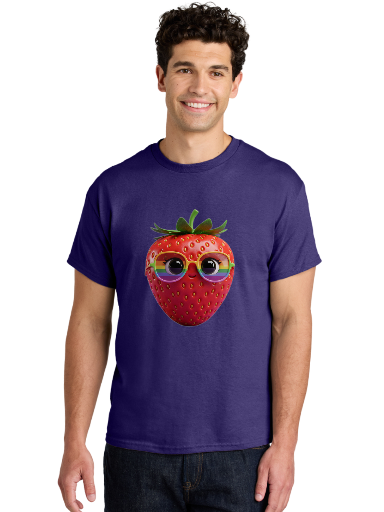 Rainbow-Strawberry Men'S Graphic Tee, 100% Cotton, Comfortable Casual Summer Wear, Machine Washable, Strawberry With Glasses, Rainbow Reflection, Cute Cartoon Character, Fun Fruit, Vibrant Colors, Playful Design, Summer Vibes, Sweet Treat, Bac360