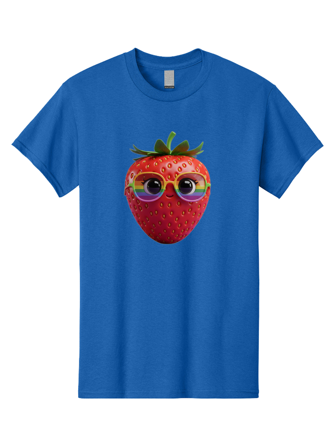 Rainbow-Strawberry Men'S Graphic Tee, 100% Cotton, Comfortable Casual Summer Wear, Machine Washable, Strawberry With Glasses, Rainbow Reflection, Cute Cartoon Character, Fun Fruit, Vibrant Colors, Playful Design, Summer Vibes, Sweet Treat, Bac360