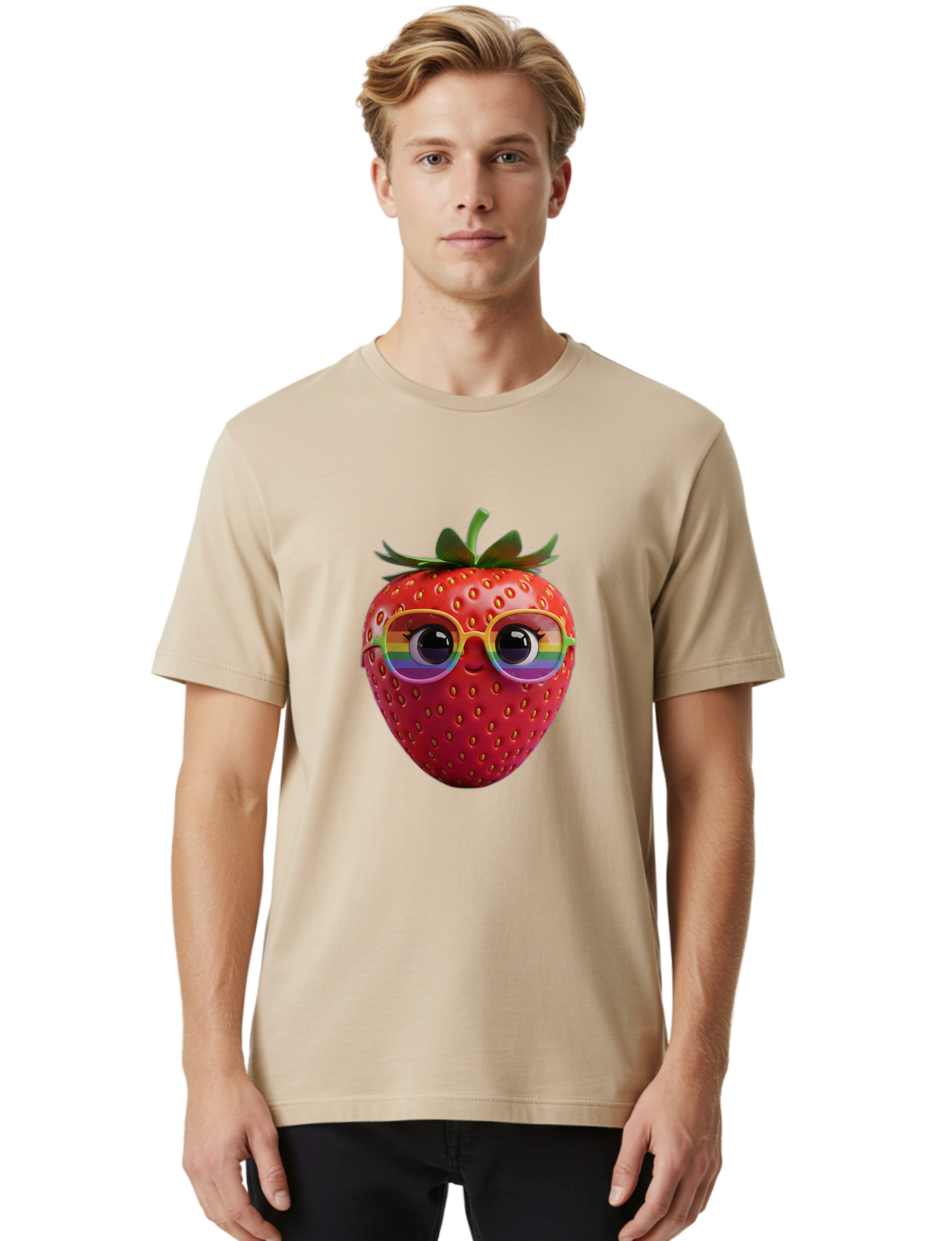 Rainbow-Strawberry Men'S Graphic Tee, 100% Cotton, Comfortable Casual Summer Wear, Machine Washable, Strawberry With Glasses, Rainbow Reflection, Cute Cartoon Character, Fun Fruit, Vibrant Colors, Playful Design, Summer Vibes, Sweet Treat, Bac360