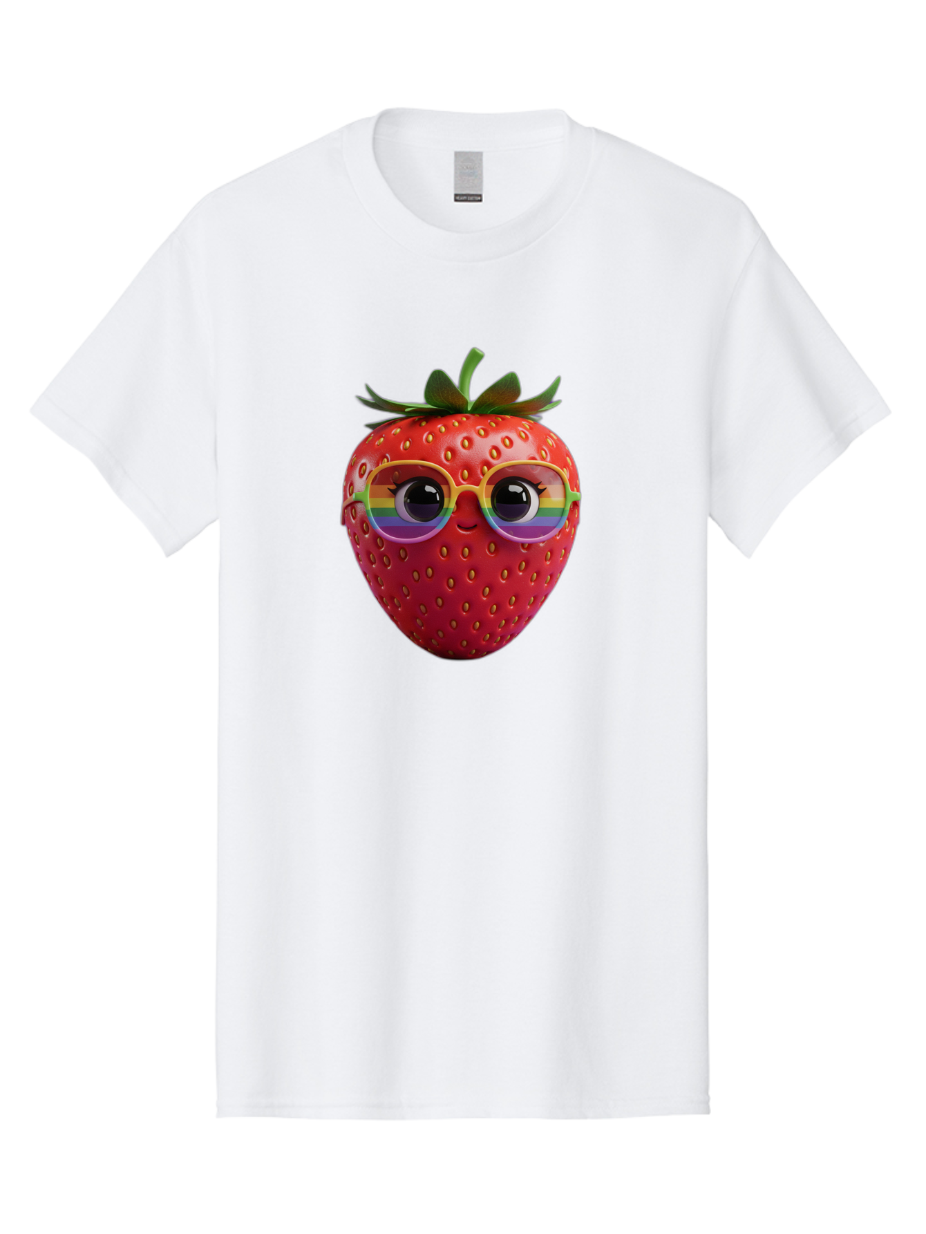 Rainbow-Strawberry Men'S Graphic Tee, 100% Cotton, Comfortable Casual Summer Wear, Machine Washable, Strawberry With Glasses, Rainbow Reflection, Cute Cartoon Character, Fun Fruit, Vibrant Colors, Playful Design, Summer Vibes, Sweet Treat, Bac360