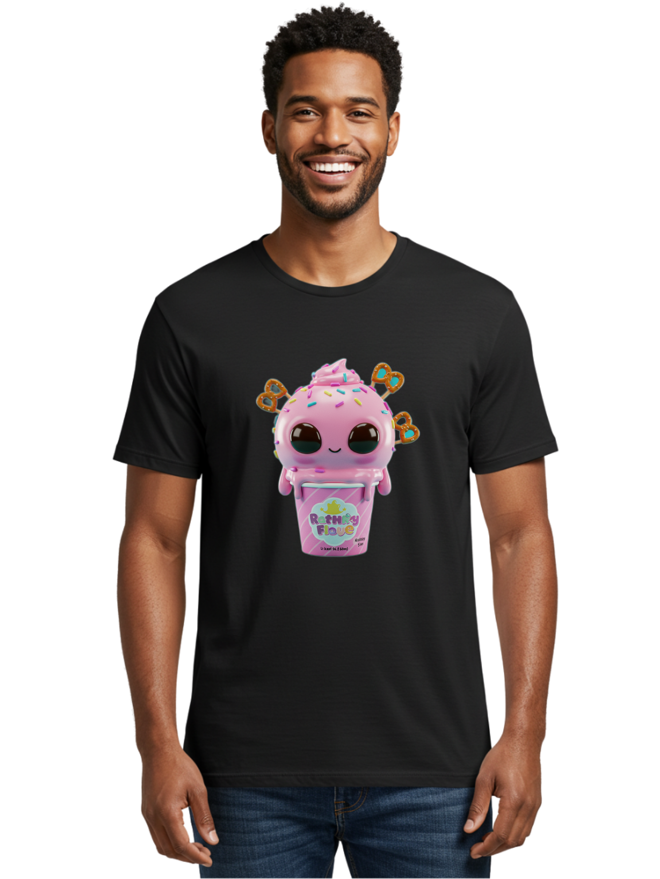 Rattley-Flave Men'S Graphic Tee, 100% Cotton, Comfortable Casual Summer Wear, Machine Washable, Pink Ice Cream, Cartoon Character, Sprinkles, Pretzel, Cute, Sweet Treat, Playful, Ruthy Flave, Colorful, Kawaii Bac361