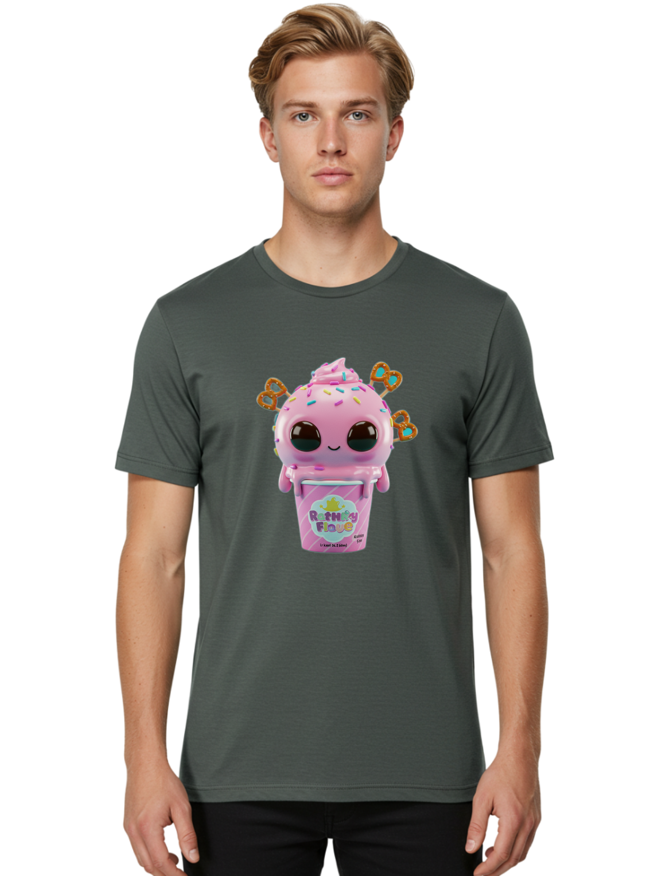 Rattley-Flave Men'S Graphic Tee, 100% Cotton, Comfortable Casual Summer Wear, Machine Washable, Pink Ice Cream, Cartoon Character, Sprinkles, Pretzel, Cute, Sweet Treat, Playful, Ruthy Flave, Colorful, Kawaii Bac361
