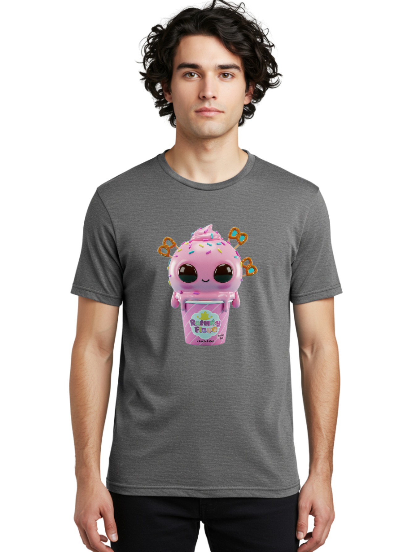 Rattley-Flave Men'S Graphic Tee, 100% Cotton, Comfortable Casual Summer Wear, Machine Washable, Pink Ice Cream, Cartoon Character, Sprinkles, Pretzel, Cute, Sweet Treat, Playful, Ruthy Flave, Colorful, Kawaii Bac361