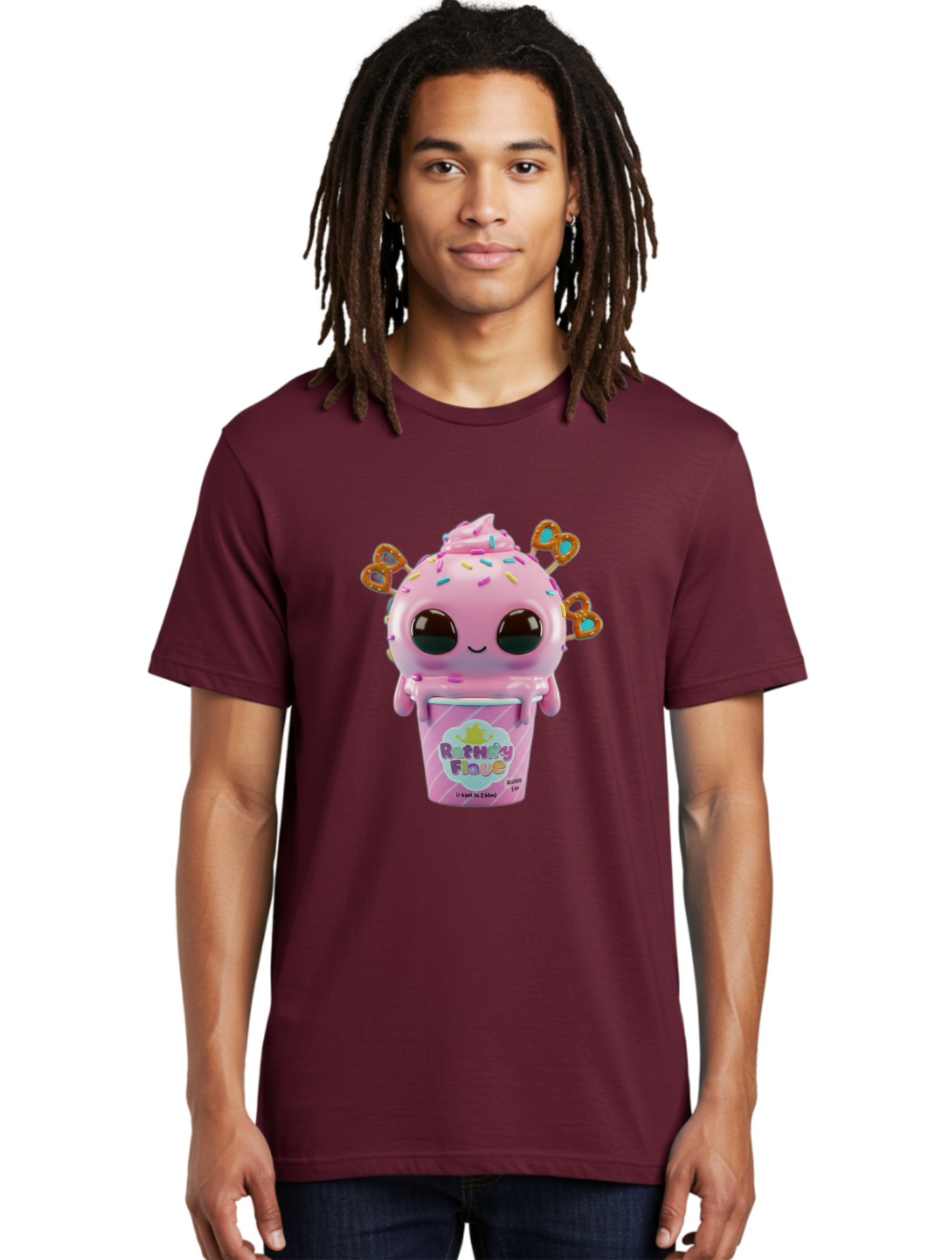 Rattley-Flave Men'S Graphic Tee, 100% Cotton, Comfortable Casual Summer Wear, Machine Washable, Pink Ice Cream, Cartoon Character, Sprinkles, Pretzel, Cute, Sweet Treat, Playful, Ruthy Flave, Colorful, Kawaii Bac361