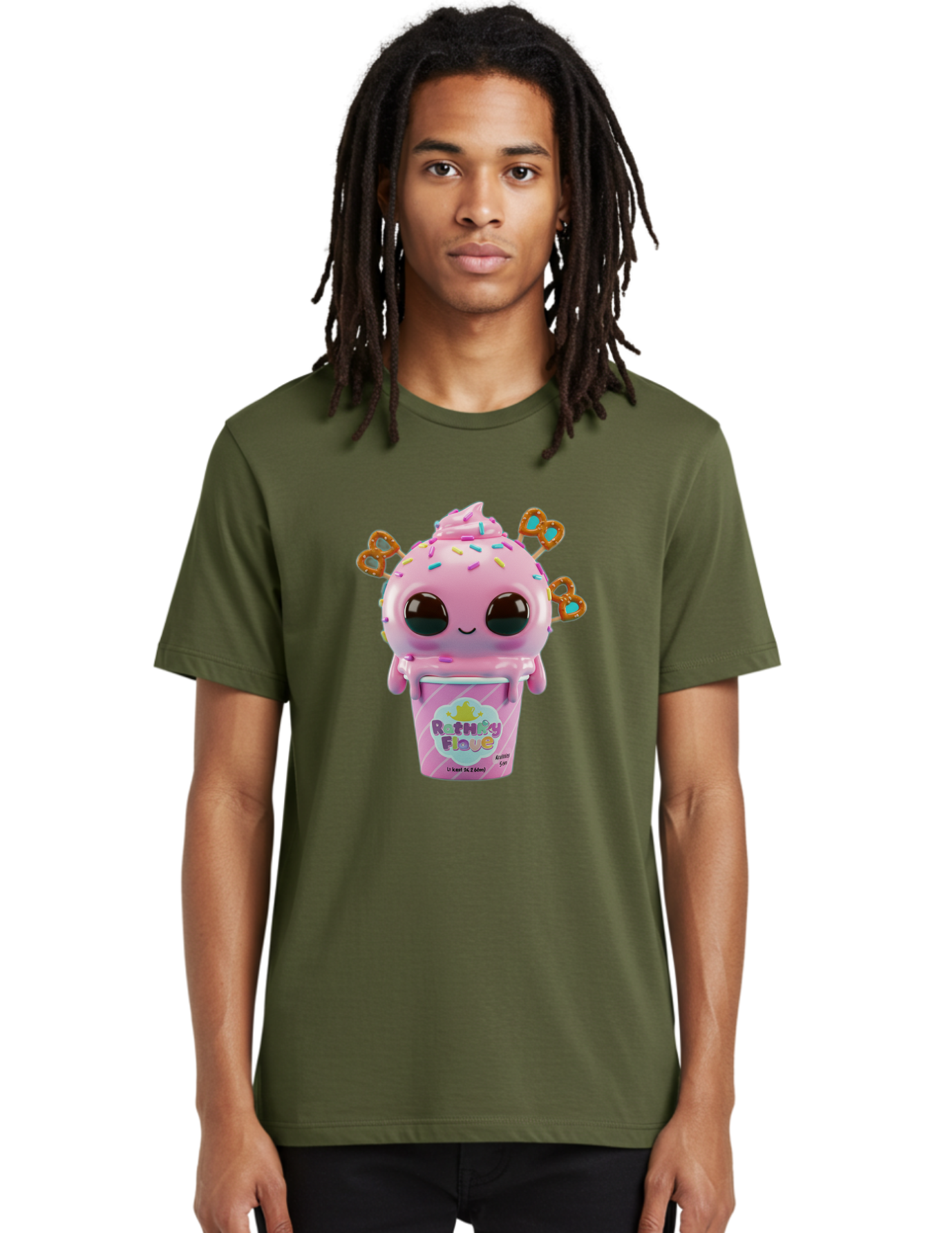 Rattley-Flave Men'S Graphic Tee, 100% Cotton, Comfortable Casual Summer Wear, Machine Washable, Pink Ice Cream, Cartoon Character, Sprinkles, Pretzel, Cute, Sweet Treat, Playful, Ruthy Flave, Colorful, Kawaii Bac361