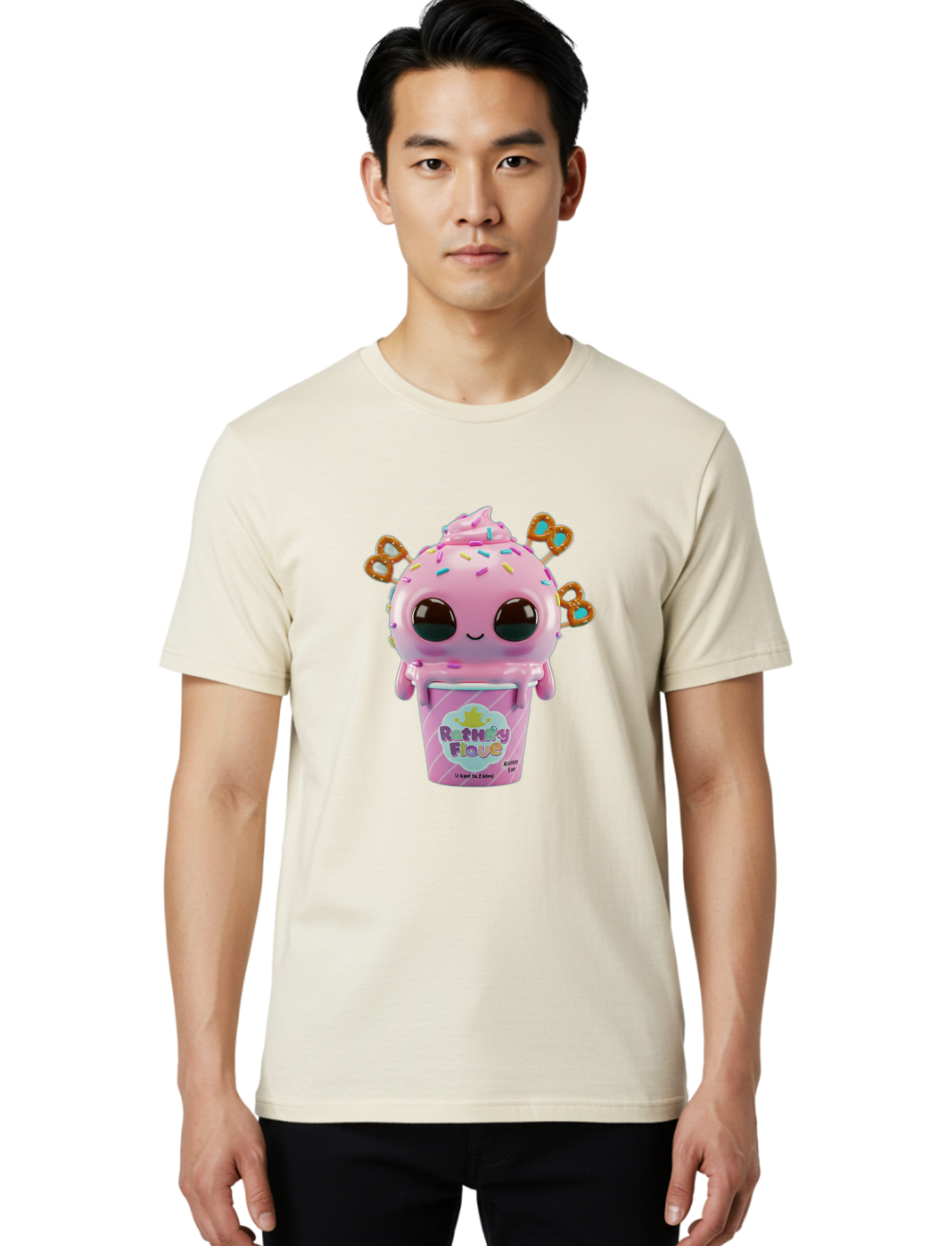 Rattley-Flave Men'S Graphic Tee, 100% Cotton, Comfortable Casual Summer Wear, Machine Washable, Pink Ice Cream, Cartoon Character, Sprinkles, Pretzel, Cute, Sweet Treat, Playful, Ruthy Flave, Colorful, Kawaii Bac361
