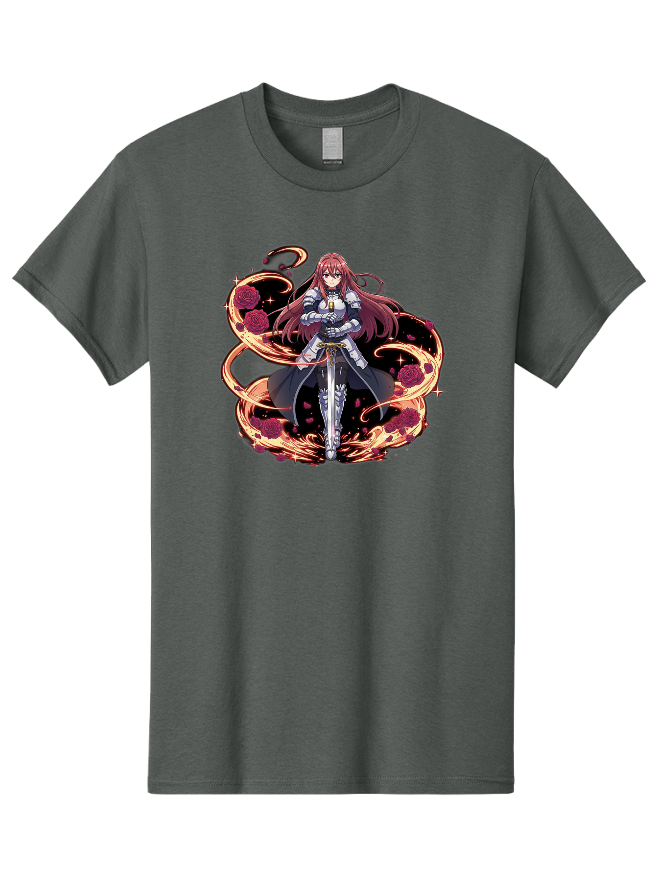 Red-Haired-Knight Men'S Graphic Tee, 100% Cotton, Comfortable Casual Summer Wear, Machine Washable, Female Knight, Long Red Hair, Silver Armor, Sword, Roses, Golden Swirls, Fantasy Art, Anime Style, Dark Roses, Medieval Warrior, Bac363