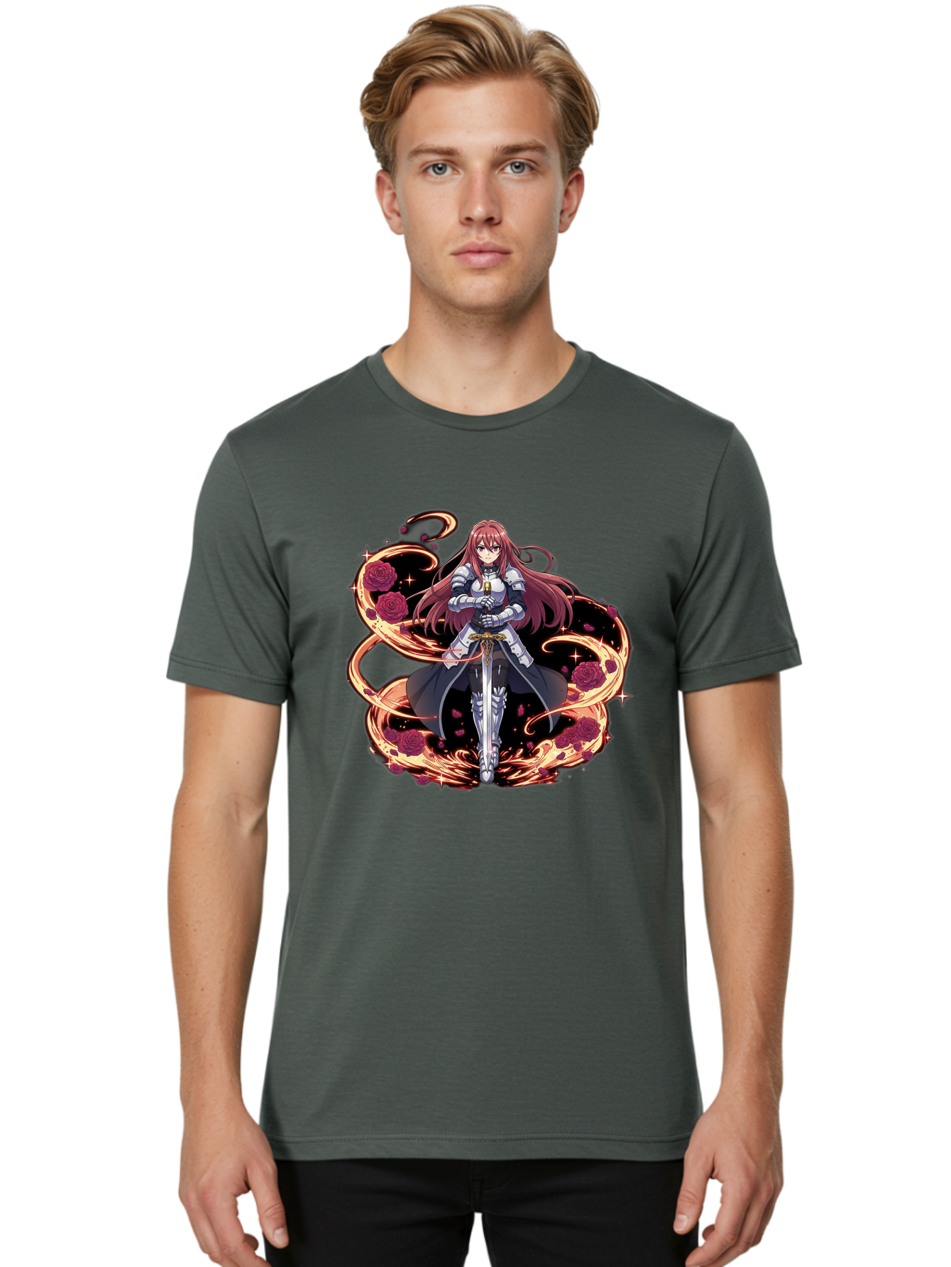 Red-Haired-Knight Men'S Graphic Tee, 100% Cotton, Comfortable Casual Summer Wear, Machine Washable, Female Knight, Long Red Hair, Silver Armor, Sword, Roses, Golden Swirls, Fantasy Art, Anime Style, Dark Roses, Medieval Warrior, Bac363