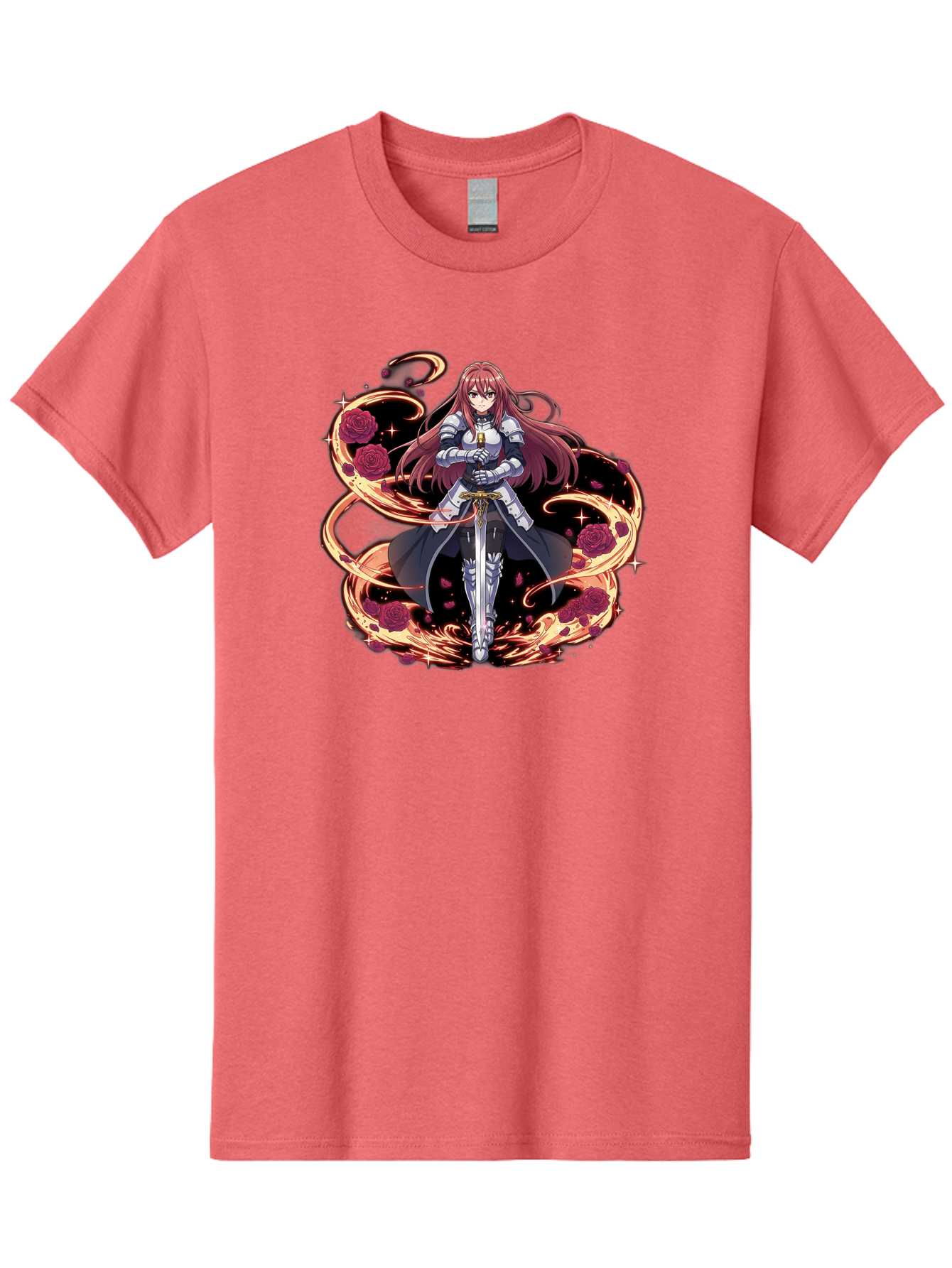 Red-Haired-Knight Men'S Graphic Tee, 100% Cotton, Comfortable Casual Summer Wear, Machine Washable, Female Knight, Long Red Hair, Silver Armor, Sword, Roses, Golden Swirls, Fantasy Art, Anime Style, Dark Roses, Medieval Warrior, Bac363