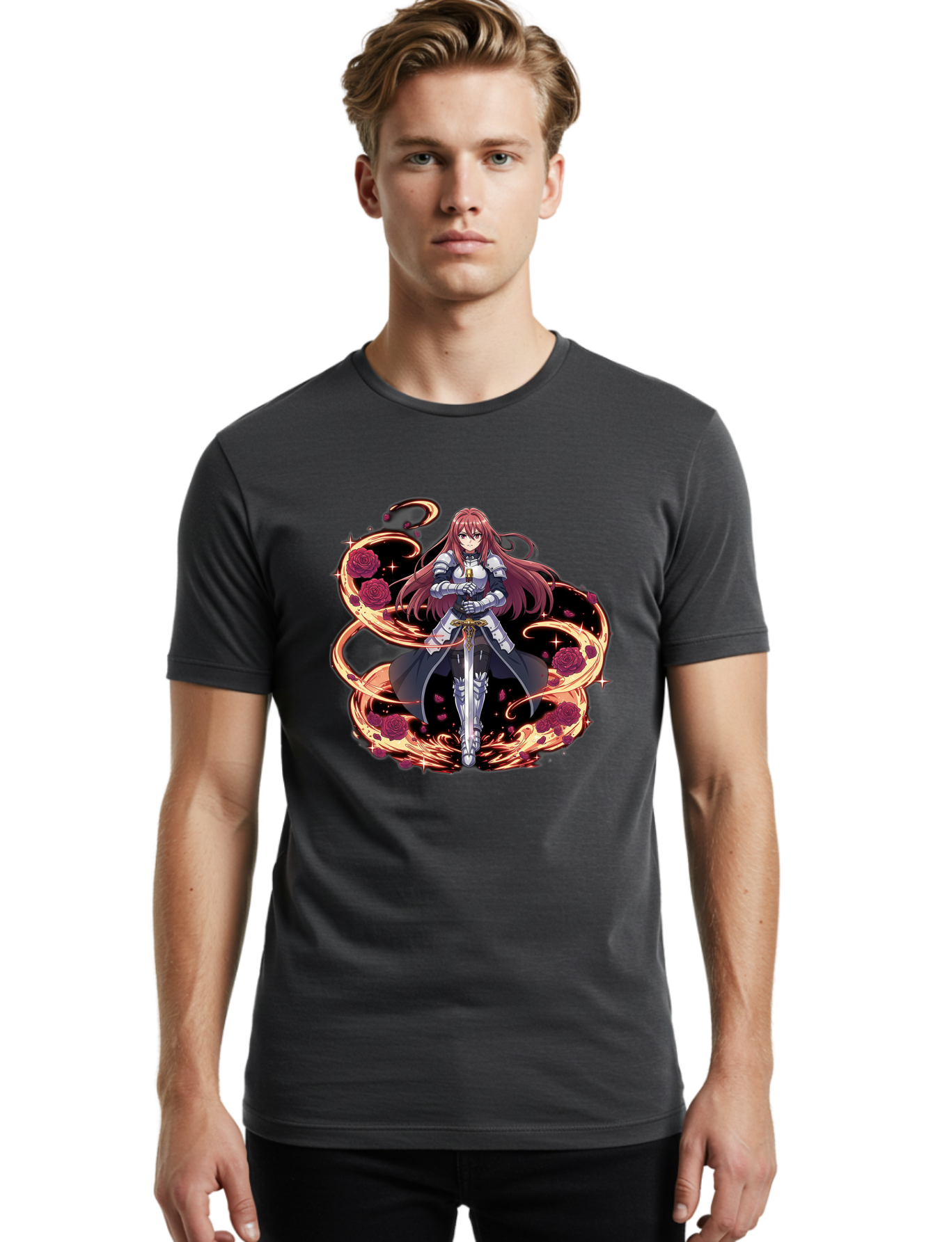 Red-Haired-Knight Men'S Graphic Tee, 100% Cotton, Comfortable Casual Summer Wear, Machine Washable, Female Knight, Long Red Hair, Silver Armor, Sword, Roses, Golden Swirls, Fantasy Art, Anime Style, Dark Roses, Medieval Warrior, Bac363