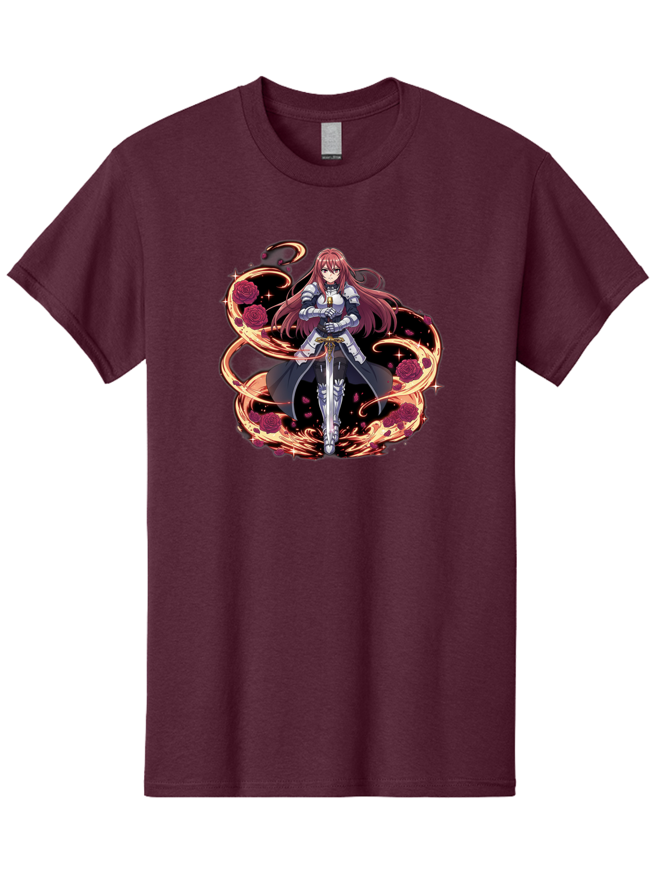 Red-Haired-Knight Men'S Graphic Tee, 100% Cotton, Comfortable Casual Summer Wear, Machine Washable, Female Knight, Long Red Hair, Silver Armor, Sword, Roses, Golden Swirls, Fantasy Art, Anime Style, Dark Roses, Medieval Warrior, Bac363