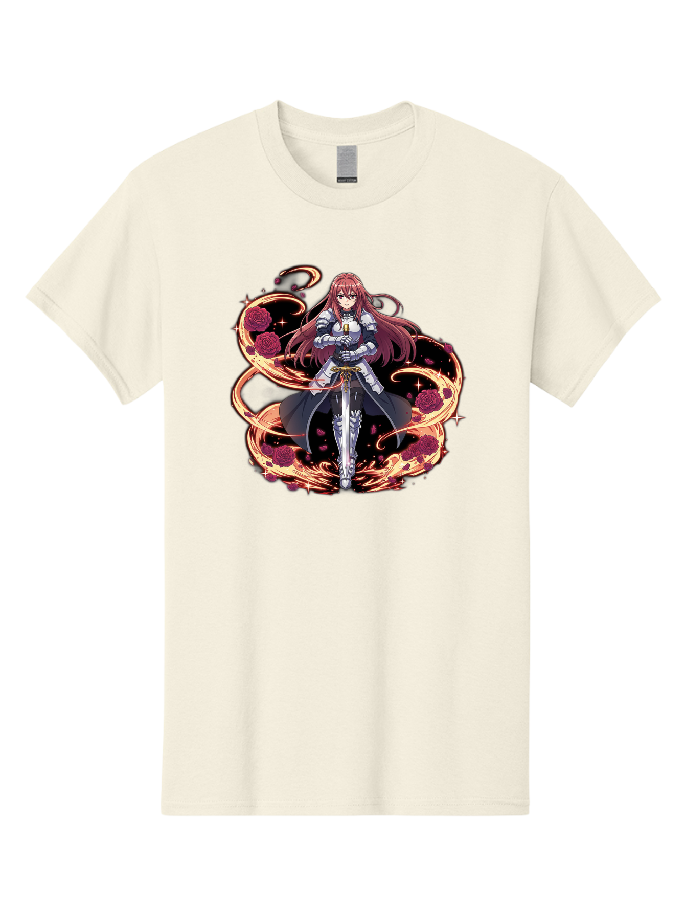 Red-Haired-Knight Men'S Graphic Tee, 100% Cotton, Comfortable Casual Summer Wear, Machine Washable, Female Knight, Long Red Hair, Silver Armor, Sword, Roses, Golden Swirls, Fantasy Art, Anime Style, Dark Roses, Medieval Warrior, Bac363