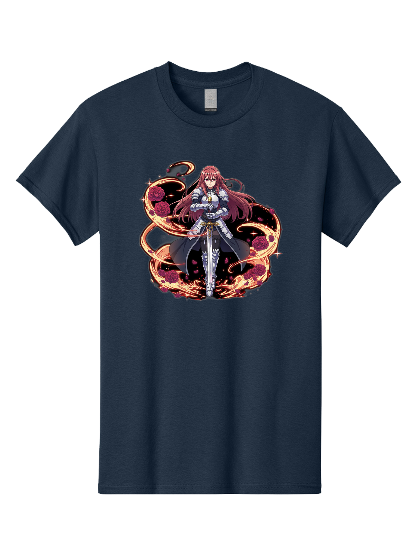 Red-Haired-Knight Men'S Graphic Tee, 100% Cotton, Comfortable Casual Summer Wear, Machine Washable, Female Knight, Long Red Hair, Silver Armor, Sword, Roses, Golden Swirls, Fantasy Art, Anime Style, Dark Roses, Medieval Warrior, Bac363