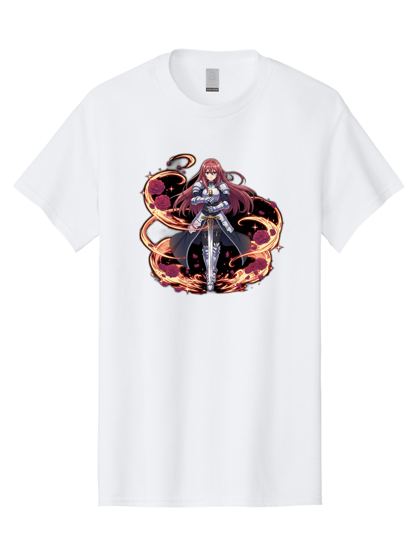 Red-Haired-Knight Men'S Graphic Tee, 100% Cotton, Comfortable Casual Summer Wear, Machine Washable, Female Knight, Long Red Hair, Silver Armor, Sword, Roses, Golden Swirls, Fantasy Art, Anime Style, Dark Roses, Medieval Warrior, Bac363