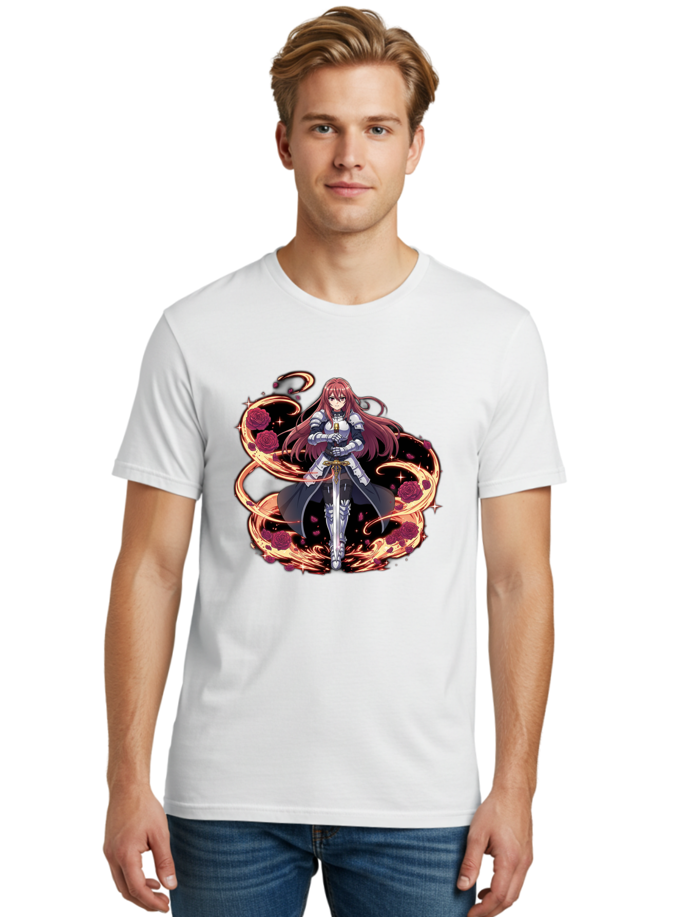 Red-Haired-Knight Men'S Graphic Tee, 100% Cotton, Comfortable Casual Summer Wear, Machine Washable, Female Knight, Long Red Hair, Silver Armor, Sword, Roses, Golden Swirls, Fantasy Art, Anime Style, Dark Roses, Medieval Warrior, Bac363