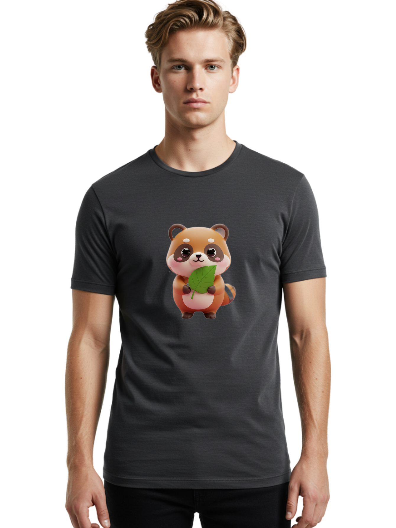Red-Panda Men'S Graphic Tee, 100% Cotton, Comfortable Casual Summer Wear, Machine Washable, Cute Cartoon Red Panda, Kawaii Animal, Adorable Creature, Holding A Leaf, Cartoon Character, Red Panda Illustration, Kawaii Art, Digital Illustration, Bac364