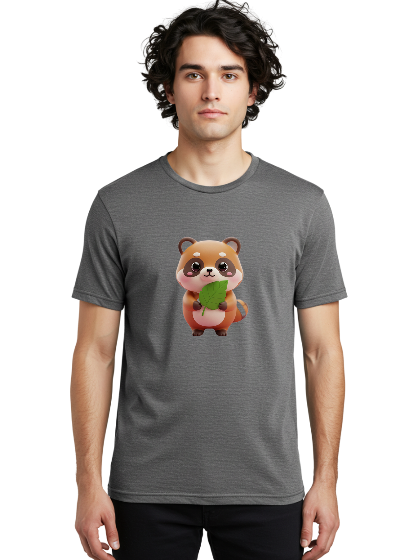 Red-Panda Men'S Graphic Tee, 100% Cotton, Comfortable Casual Summer Wear, Machine Washable, Cute Cartoon Red Panda, Kawaii Animal, Adorable Creature, Holding A Leaf, Cartoon Character, Red Panda Illustration, Kawaii Art, Digital Illustration, Bac364
