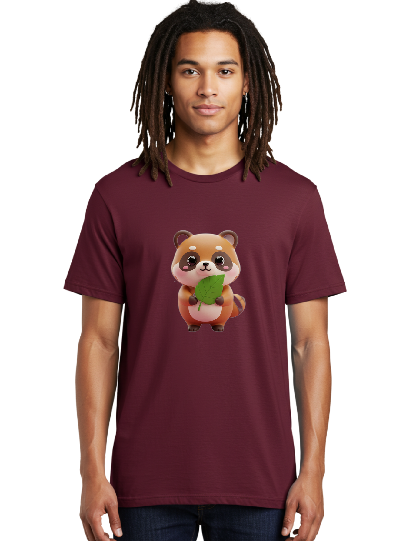 Red-Panda Men'S Graphic Tee, 100% Cotton, Comfortable Casual Summer Wear, Machine Washable, Cute Cartoon Red Panda, Kawaii Animal, Adorable Creature, Holding A Leaf, Cartoon Character, Red Panda Illustration, Kawaii Art, Digital Illustration, Bac364