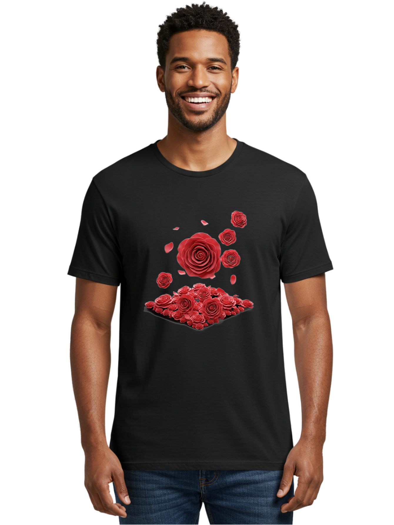 Red-Roses-1 Men'S Graphic Tee, 100% Cotton, Comfortable Casual Summer Wear, Machine Washable, Red Roses, Falling Flowers, Floral Arrangement, Rose Petals, Romantic Gesture, Love Symbol, Beautiful Blooms, Flower Power Bac365