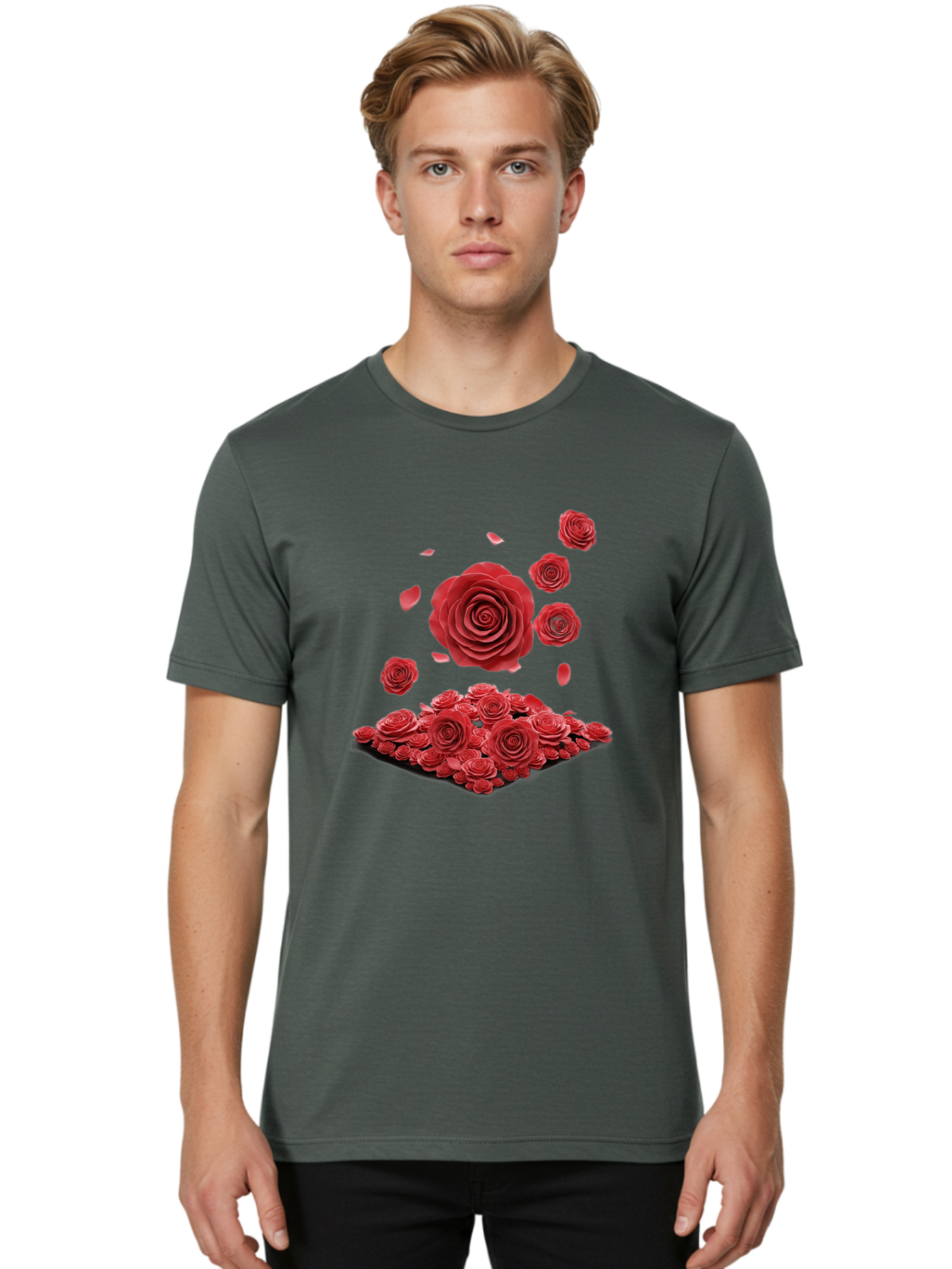 Red-Roses-1 Men'S Graphic Tee, 100% Cotton, Comfortable Casual Summer Wear, Machine Washable, Red Roses, Falling Flowers, Floral Arrangement, Rose Petals, Romantic Gesture, Love Symbol, Beautiful Blooms, Flower Power Bac365
