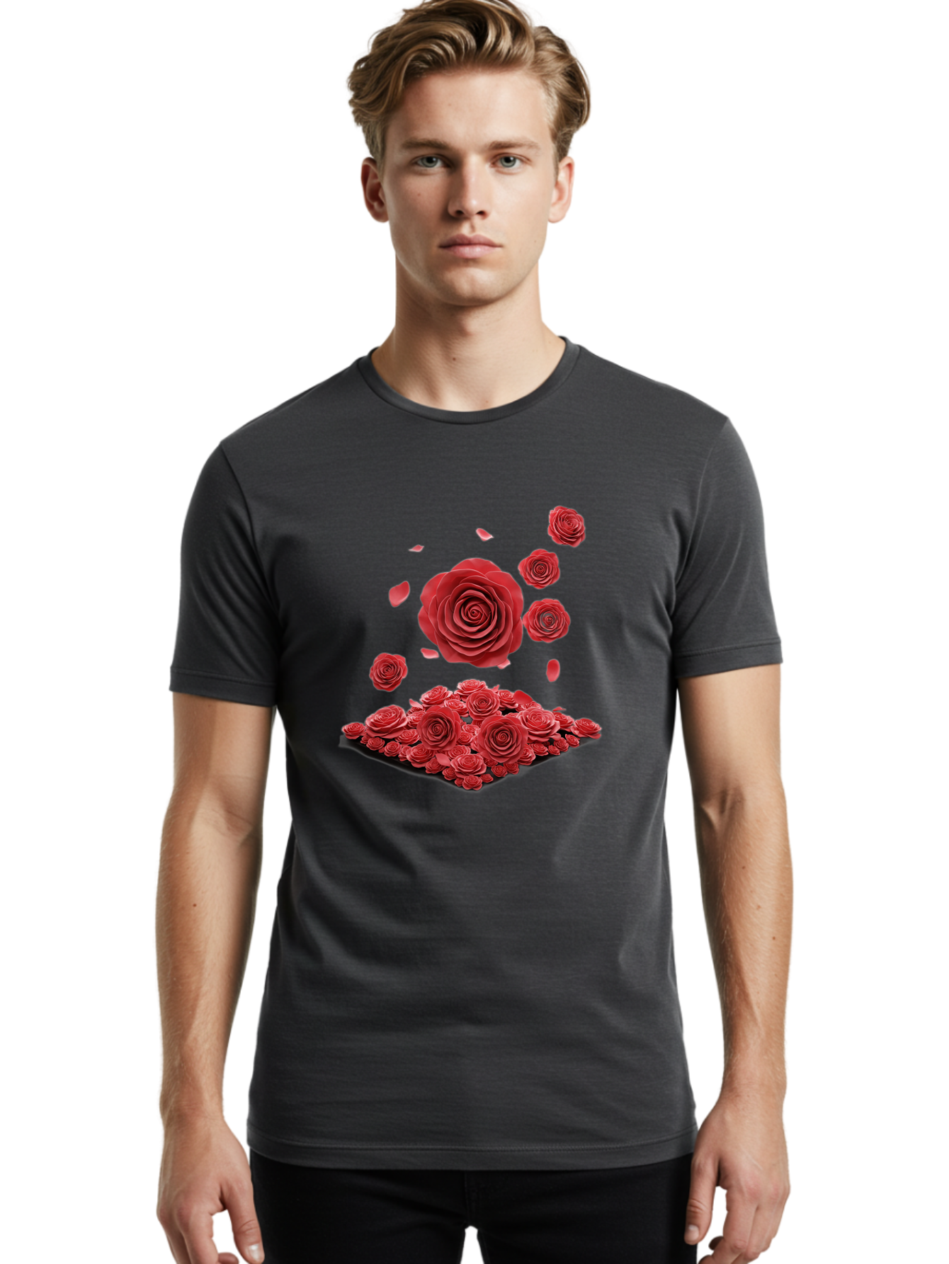 Red-Roses-1 Men'S Graphic Tee, 100% Cotton, Comfortable Casual Summer Wear, Machine Washable, Red Roses, Falling Flowers, Floral Arrangement, Rose Petals, Romantic Gesture, Love Symbol, Beautiful Blooms, Flower Power Bac365