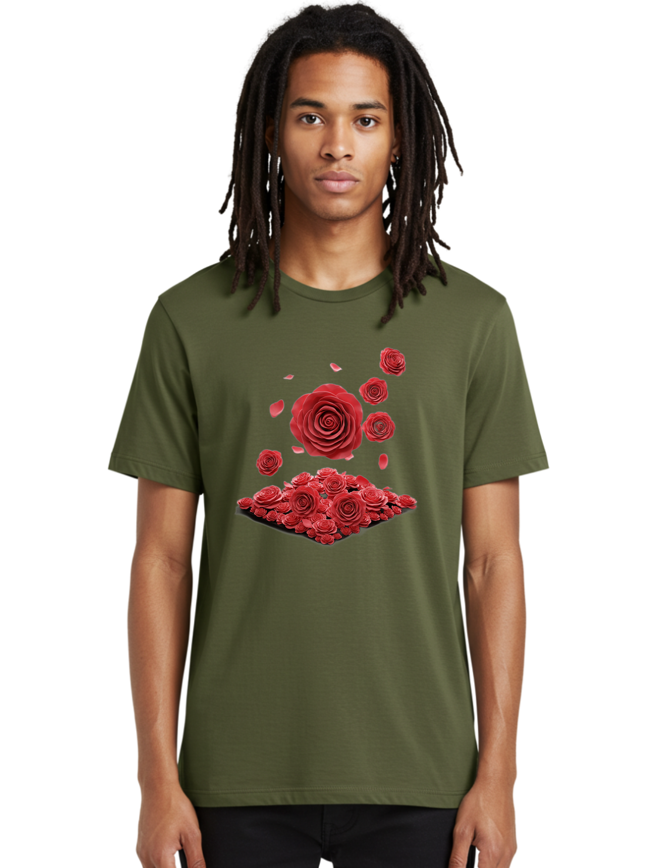 Red-Roses-1 Men'S Graphic Tee, 100% Cotton, Comfortable Casual Summer Wear, Machine Washable, Red Roses, Falling Flowers, Floral Arrangement, Rose Petals, Romantic Gesture, Love Symbol, Beautiful Blooms, Flower Power Bac365