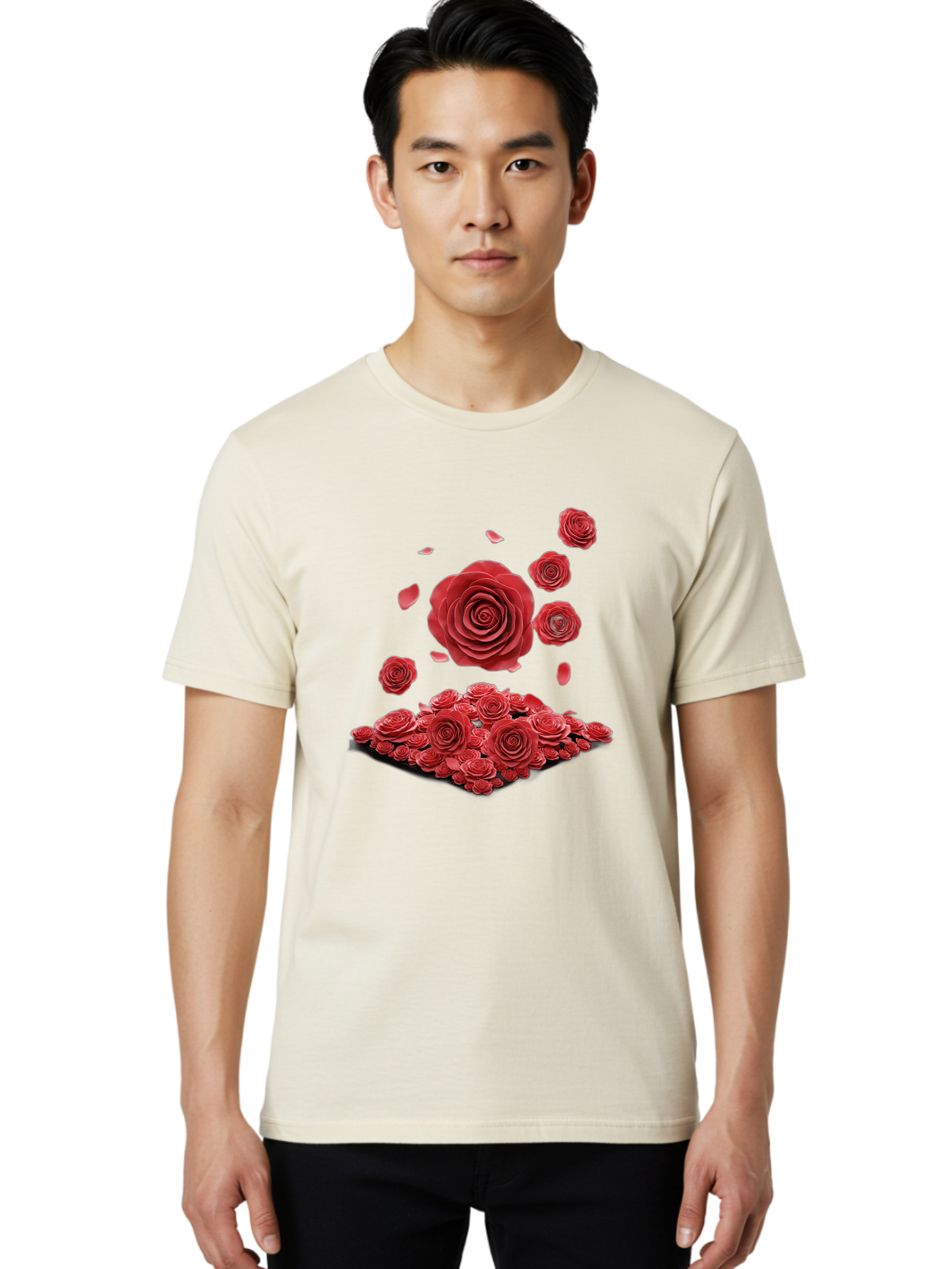 Red-Roses-1 Men'S Graphic Tee, 100% Cotton, Comfortable Casual Summer Wear, Machine Washable, Red Roses, Falling Flowers, Floral Arrangement, Rose Petals, Romantic Gesture, Love Symbol, Beautiful Blooms, Flower Power Bac365