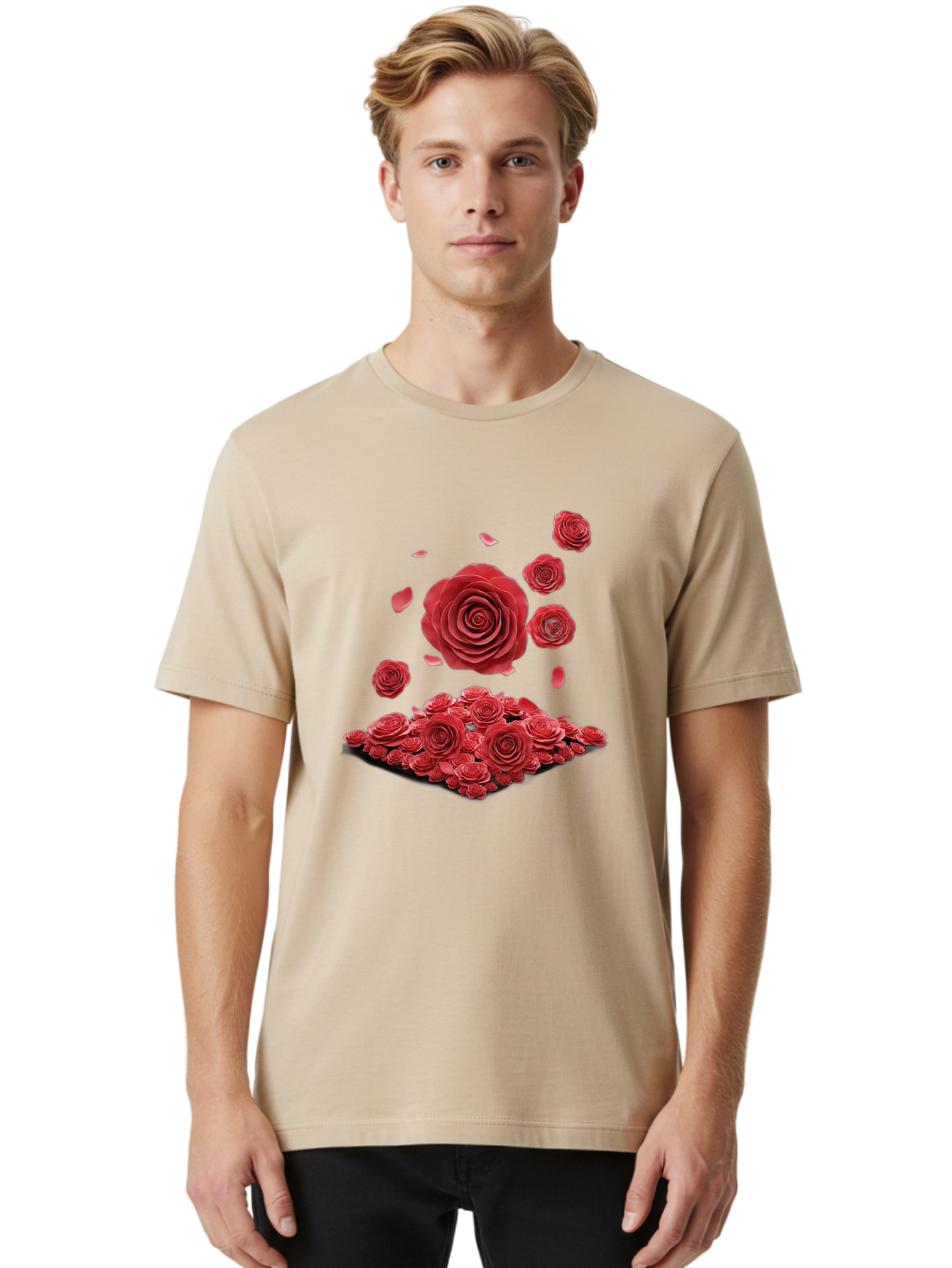 Red-Roses-1 Men'S Graphic Tee, 100% Cotton, Comfortable Casual Summer Wear, Machine Washable, Red Roses, Falling Flowers, Floral Arrangement, Rose Petals, Romantic Gesture, Love Symbol, Beautiful Blooms, Flower Power Bac365