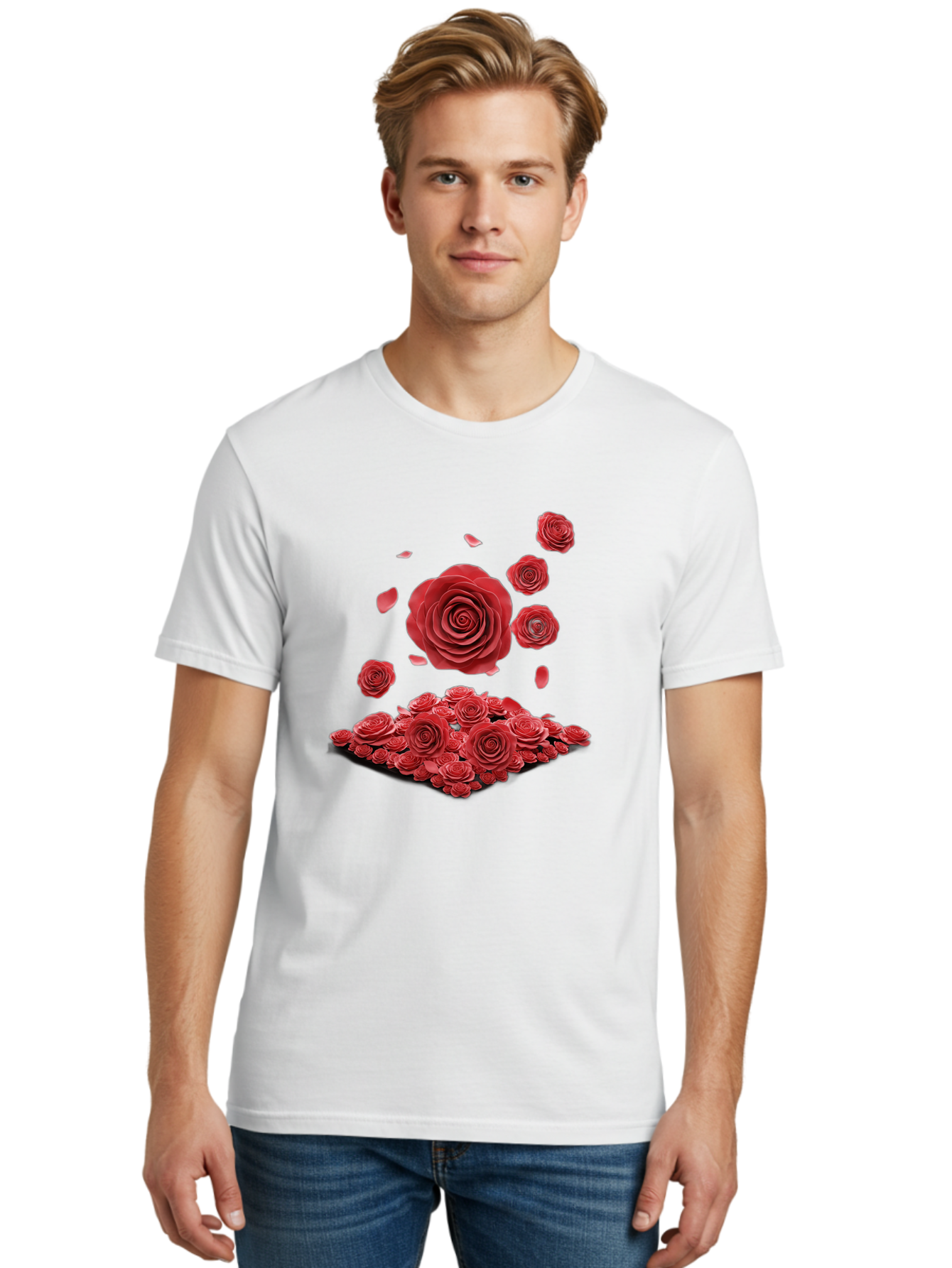 Red-Roses-1 Men'S Graphic Tee, 100% Cotton, Comfortable Casual Summer Wear, Machine Washable, Red Roses, Falling Flowers, Floral Arrangement, Rose Petals, Romantic Gesture, Love Symbol, Beautiful Blooms, Flower Power Bac365