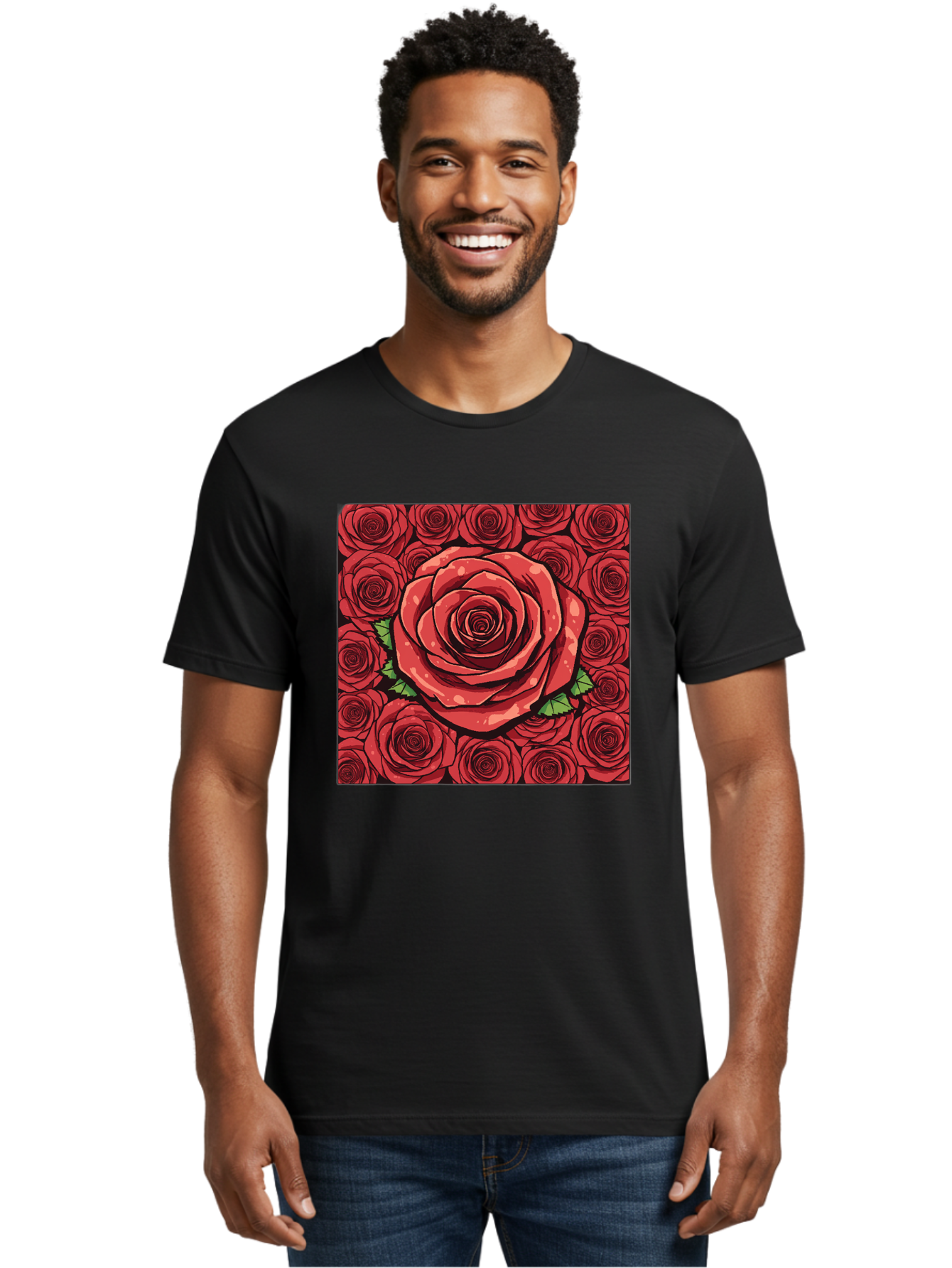 Red-Roses Men'S Graphic Tee, 100% Cotton, Comfortable Casual Summer Wear, Machine Washable, Red Roses, Floral Pattern, Love Symbol, Romance, Beauty, Flowers, Vibrant Petals, Green Leaves, Pop Art Design, Bold Graphics Bac366