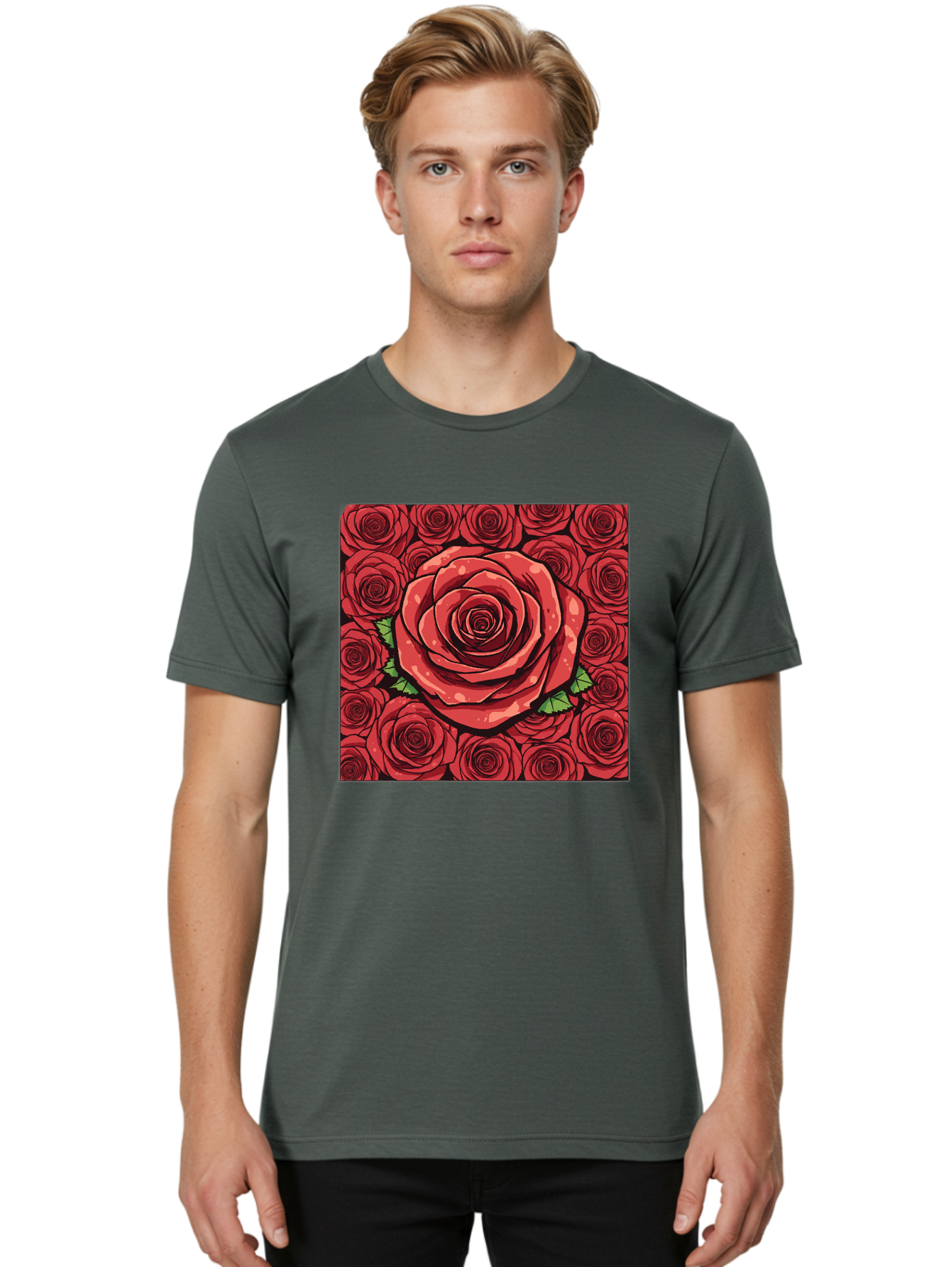 Red-Roses Men'S Graphic Tee, 100% Cotton, Comfortable Casual Summer Wear, Machine Washable, Red Roses, Floral Pattern, Love Symbol, Romance, Beauty, Flowers, Vibrant Petals, Green Leaves, Pop Art Design, Bold Graphics Bac366