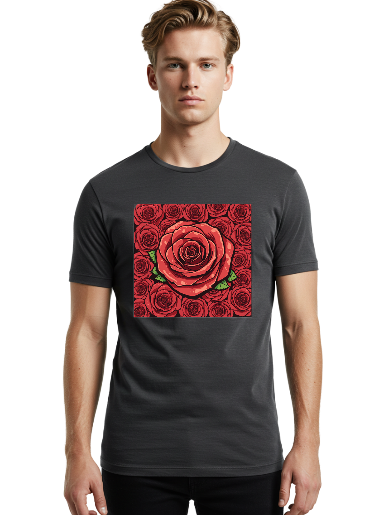 Red-Roses Men'S Graphic Tee, 100% Cotton, Comfortable Casual Summer Wear, Machine Washable, Red Roses, Floral Pattern, Love Symbol, Romance, Beauty, Flowers, Vibrant Petals, Green Leaves, Pop Art Design, Bold Graphics Bac366