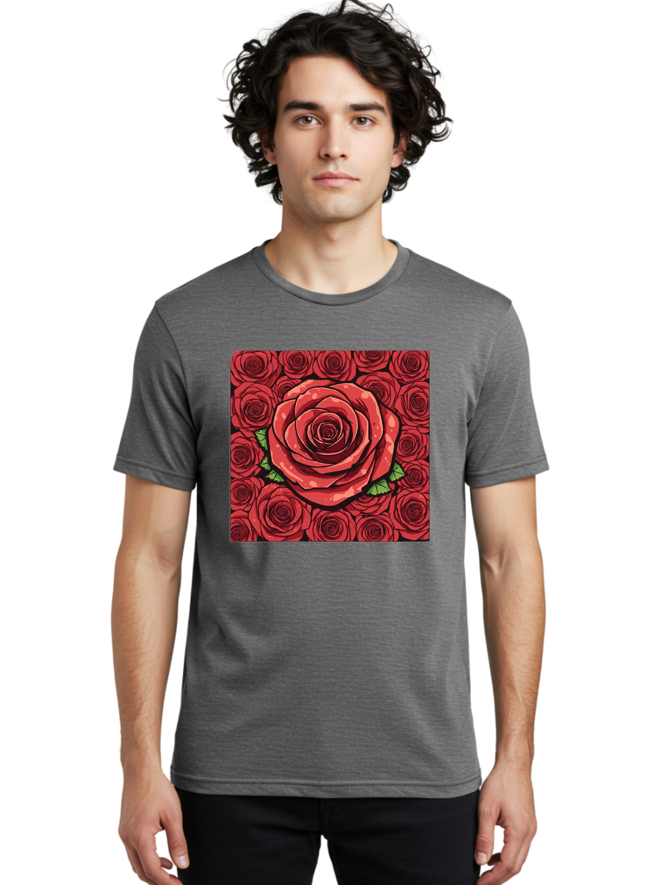 Red-Roses Men'S Graphic Tee, 100% Cotton, Comfortable Casual Summer Wear, Machine Washable, Red Roses, Floral Pattern, Love Symbol, Romance, Beauty, Flowers, Vibrant Petals, Green Leaves, Pop Art Design, Bold Graphics Bac366