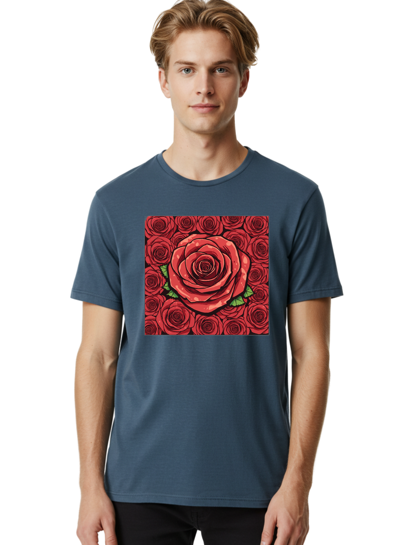 Red-Roses Men'S Graphic Tee, 100% Cotton, Comfortable Casual Summer Wear, Machine Washable, Red Roses, Floral Pattern, Love Symbol, Romance, Beauty, Flowers, Vibrant Petals, Green Leaves, Pop Art Design, Bold Graphics Bac366