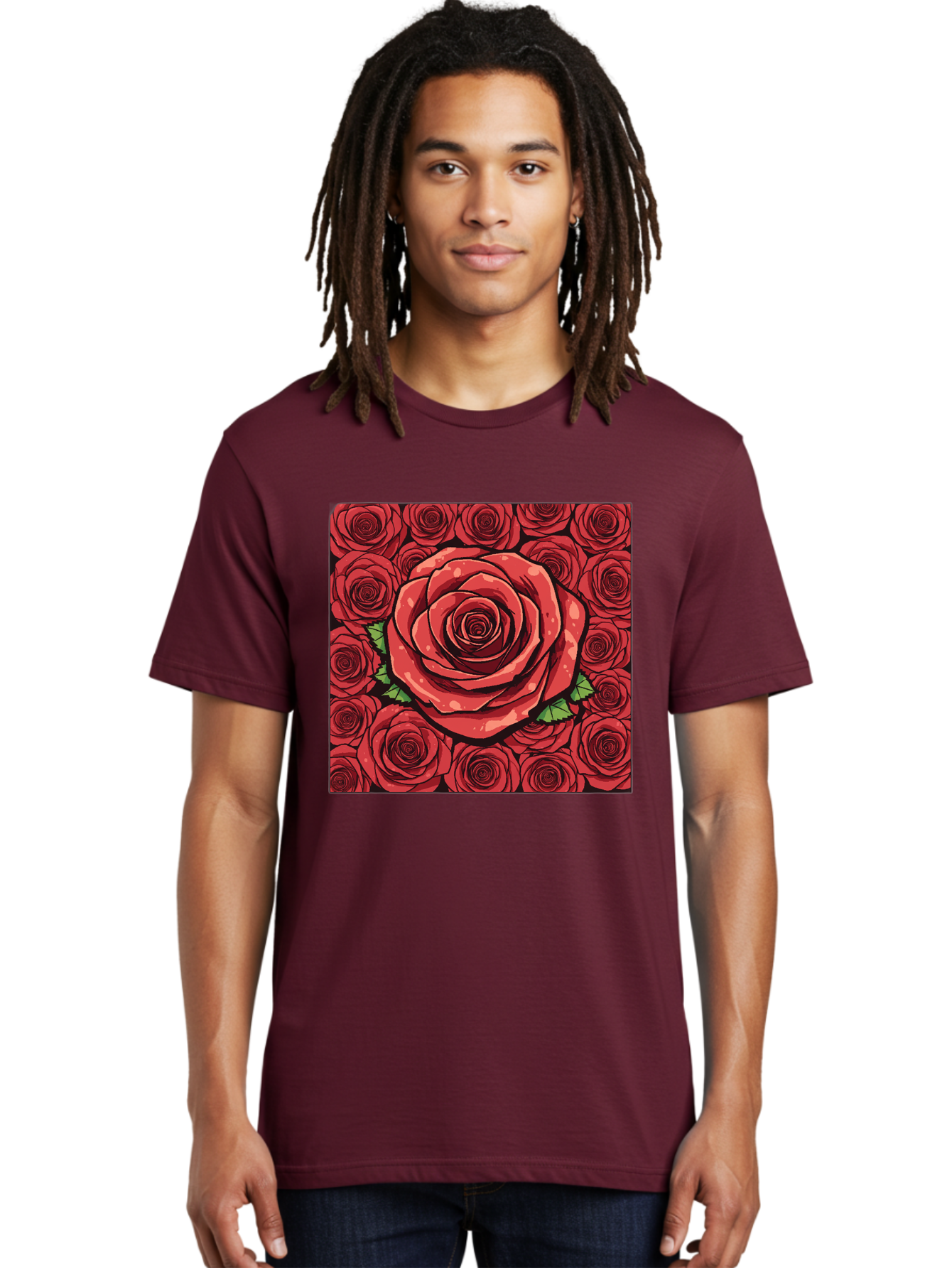 Red-Roses Men'S Graphic Tee, 100% Cotton, Comfortable Casual Summer Wear, Machine Washable, Red Roses, Floral Pattern, Love Symbol, Romance, Beauty, Flowers, Vibrant Petals, Green Leaves, Pop Art Design, Bold Graphics Bac366