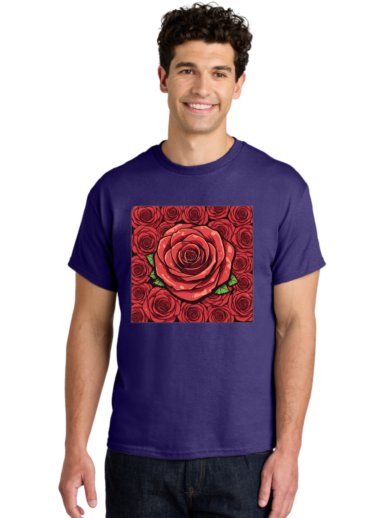 Red-Roses Men'S Graphic Tee, 100% Cotton, Comfortable Casual Summer Wear, Machine Washable, Red Roses, Floral Pattern, Love Symbol, Romance, Beauty, Flowers, Vibrant Petals, Green Leaves, Pop Art Design, Bold Graphics Bac366
