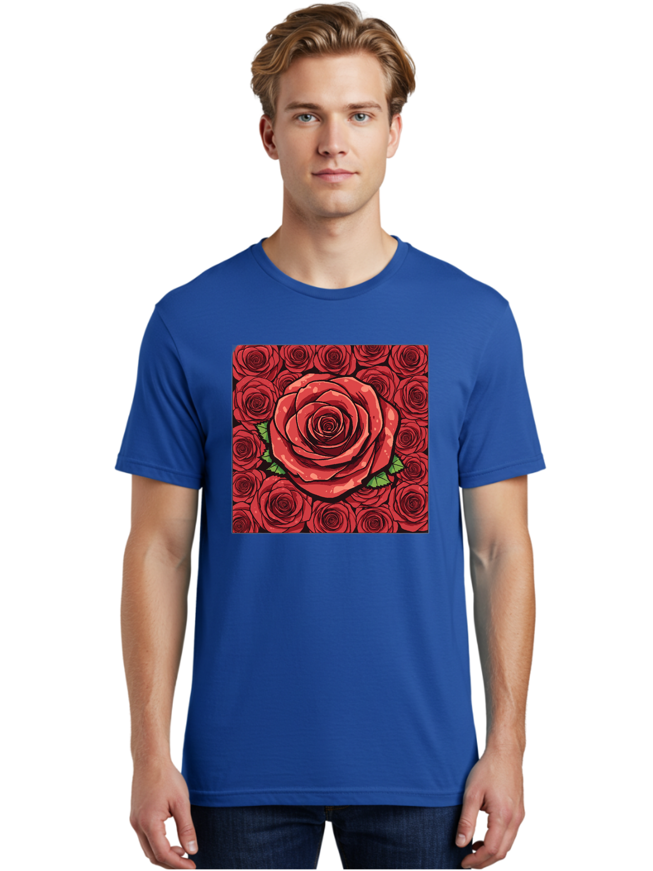 Red-Roses Men'S Graphic Tee, 100% Cotton, Comfortable Casual Summer Wear, Machine Washable, Red Roses, Floral Pattern, Love Symbol, Romance, Beauty, Flowers, Vibrant Petals, Green Leaves, Pop Art Design, Bold Graphics Bac366