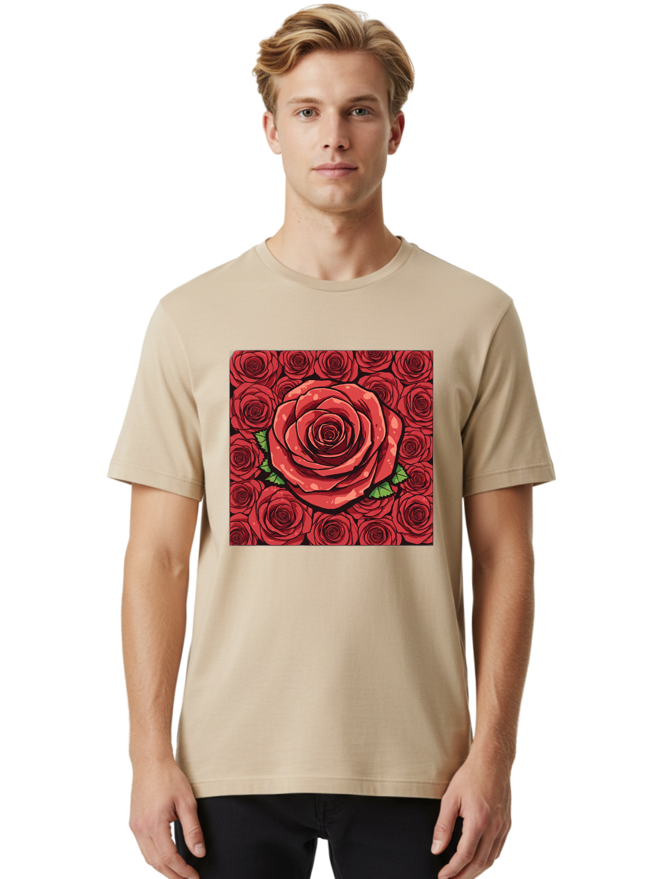 Red-Roses Men'S Graphic Tee, 100% Cotton, Comfortable Casual Summer Wear, Machine Washable, Red Roses, Floral Pattern, Love Symbol, Romance, Beauty, Flowers, Vibrant Petals, Green Leaves, Pop Art Design, Bold Graphics Bac366