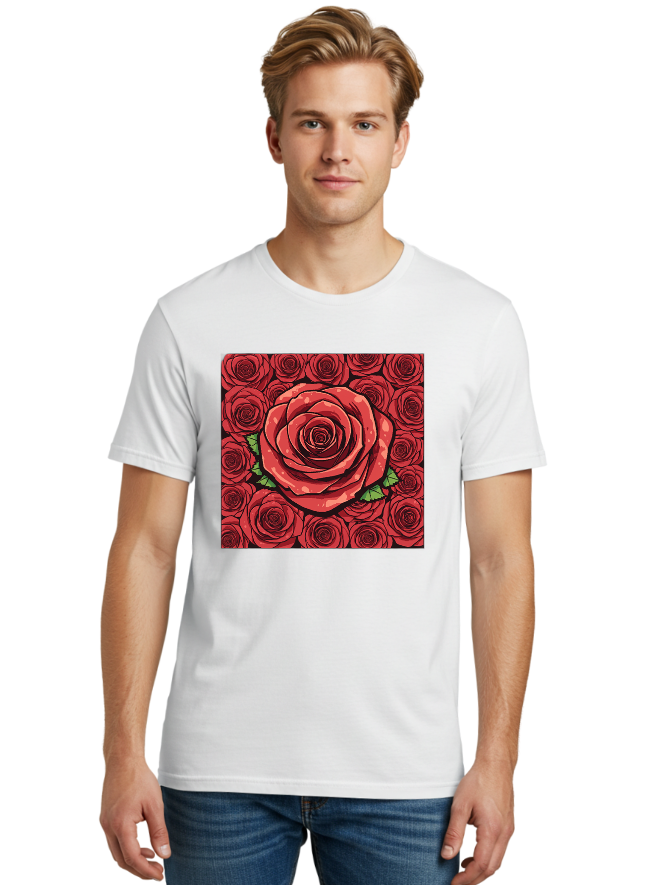 Red-Roses Men'S Graphic Tee, 100% Cotton, Comfortable Casual Summer Wear, Machine Washable, Red Roses, Floral Pattern, Love Symbol, Romance, Beauty, Flowers, Vibrant Petals, Green Leaves, Pop Art Design, Bold Graphics Bac366