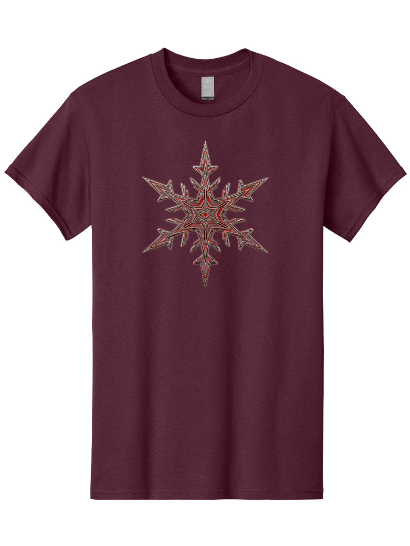 Red-Snowflake Men'S Graphic Tee, 100% Cotton, Comfortable Casual Summer Wear, Machine Washable, Red Snowflake, Intricate Design, Symmetrical Pattern, Abstract Art, Festive Decor, Winter Theme, Geometric Shape, Kaleidoscope Pattern, Digital Art Bac367