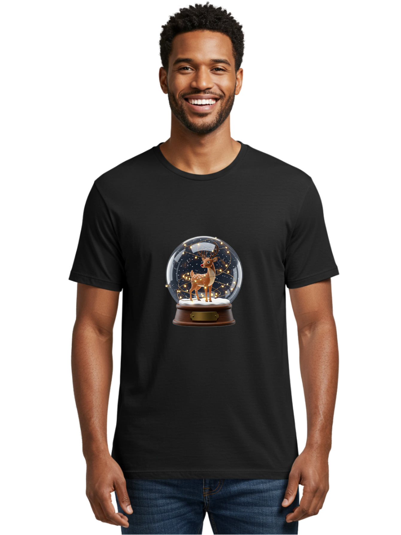 Reindeer-Snow-Globe Men'S Graphic Tee, 100% Cotton, Comfortable Casual Summer Wear, Machine Washable, Snow Globe With Reindeer And Fawn, Festive Holiday Decor, Magical Winter Scene, Glowing String Lights, Christmas Decoration, Bac368