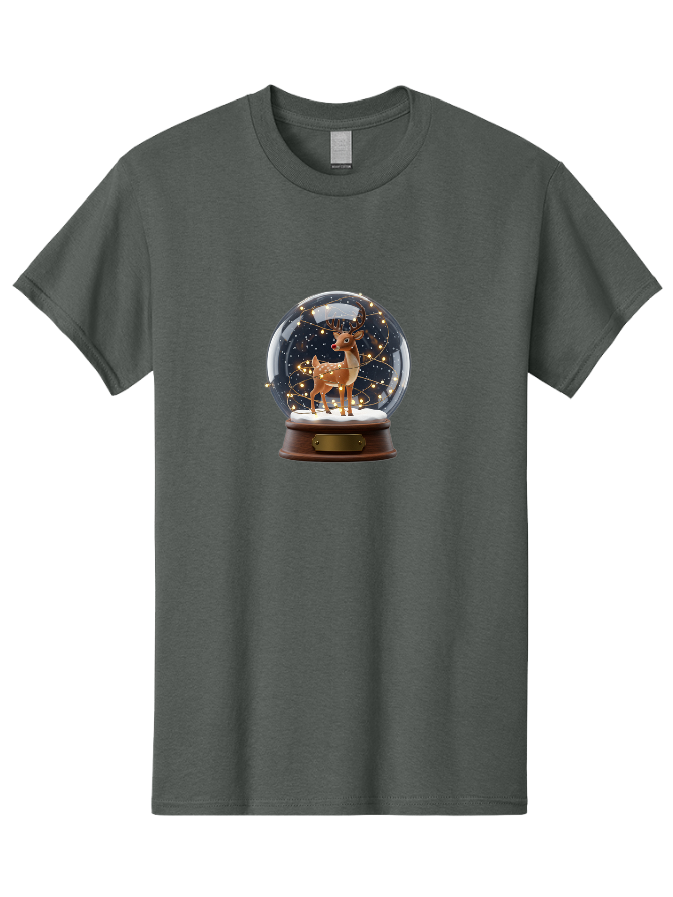 Reindeer-Snow-Globe Men'S Graphic Tee, 100% Cotton, Comfortable Casual Summer Wear, Machine Washable, Snow Globe With Reindeer And Fawn, Festive Holiday Decor, Magical Winter Scene, Glowing String Lights, Christmas Decoration, Bac368