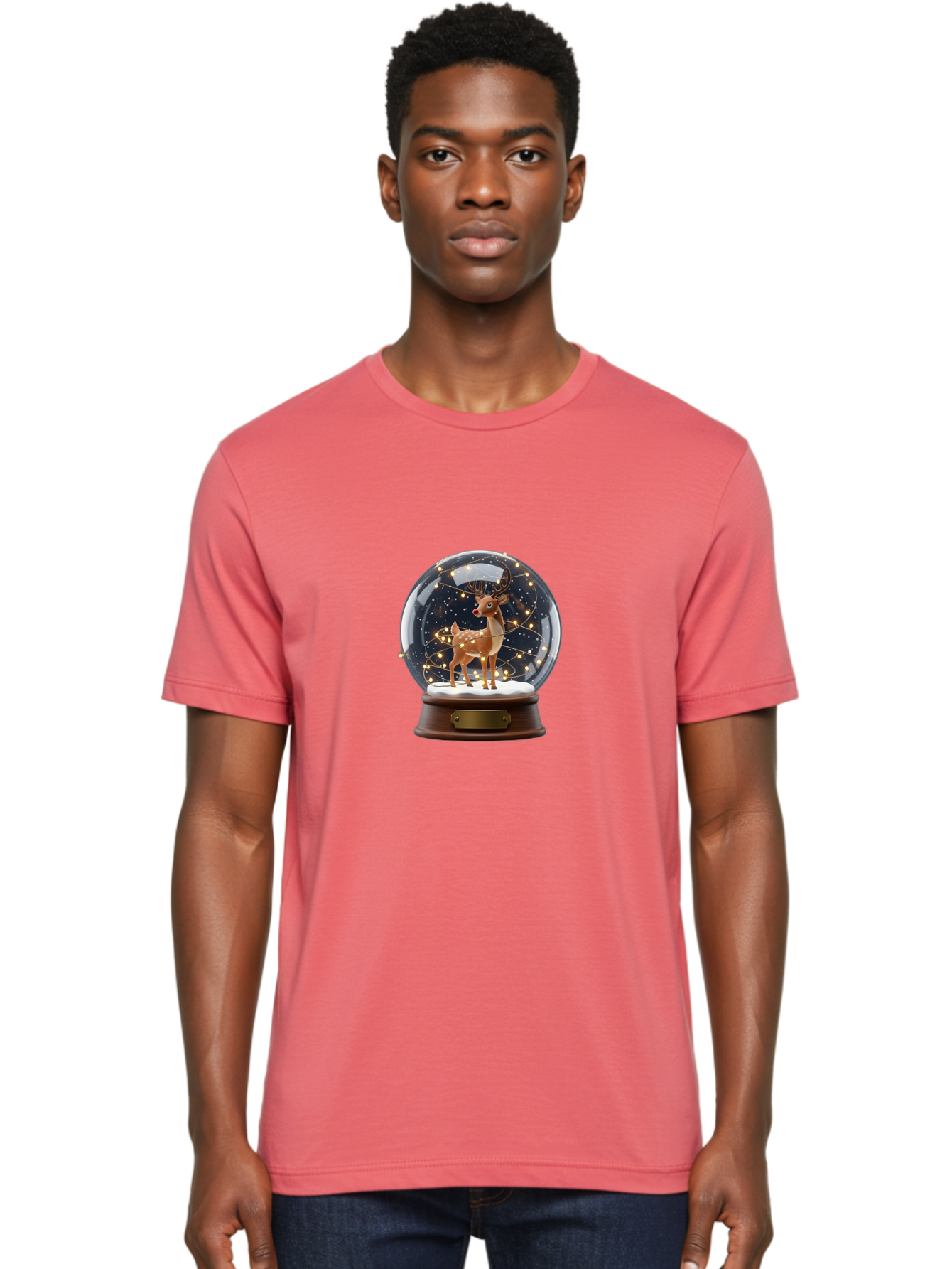 Reindeer-Snow-Globe Men'S Graphic Tee, 100% Cotton, Comfortable Casual Summer Wear, Machine Washable, Snow Globe With Reindeer And Fawn, Festive Holiday Decor, Magical Winter Scene, Glowing String Lights, Christmas Decoration, Bac368