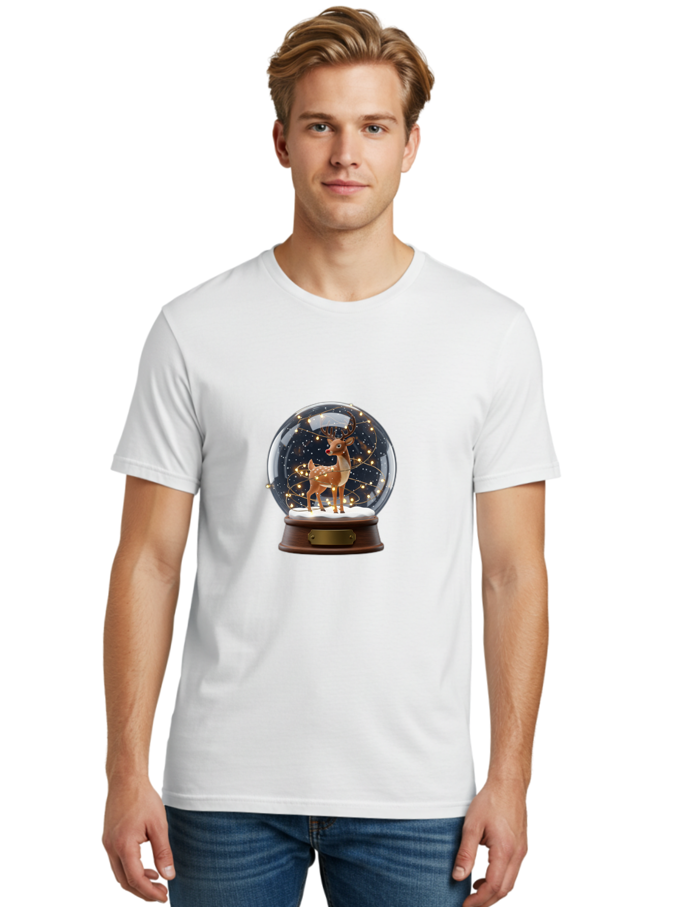 Reindeer-Snow-Globe Men'S Graphic Tee, 100% Cotton, Comfortable Casual Summer Wear, Machine Washable, Snow Globe With Reindeer And Fawn, Festive Holiday Decor, Magical Winter Scene, Glowing String Lights, Christmas Decoration, Bac368
