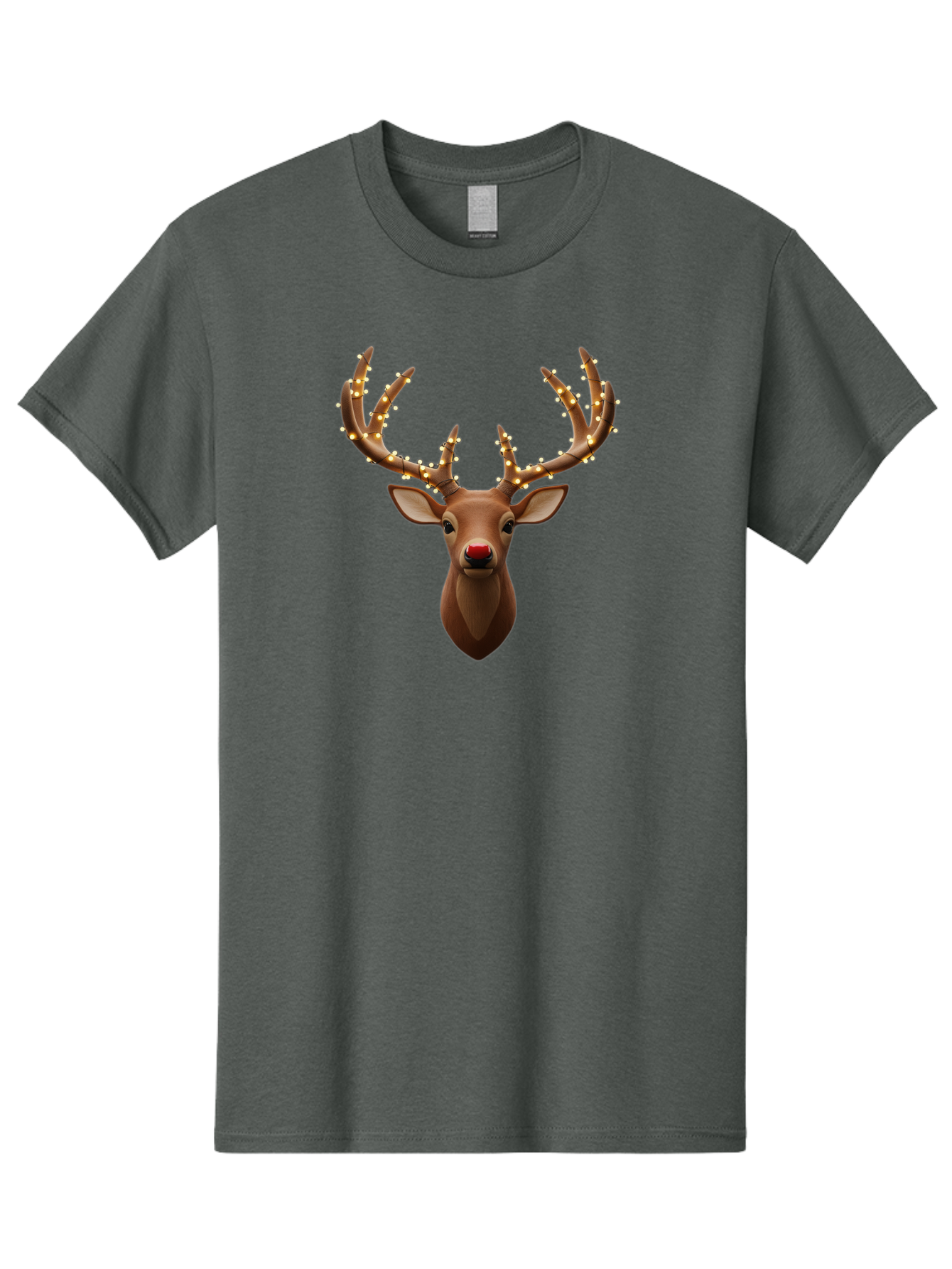 Reindeer-With-Lights Men'S Graphic Tee, 100% Cotton, Comfortable Casual Summer Wear, Machine Washable, Reindeer With Festive Lights, Christmas Decorations, Holiday Symbolism, Rudolph The Red-Nosed Reindeer, Winter Wonderland, Merry Christmas, Bac369